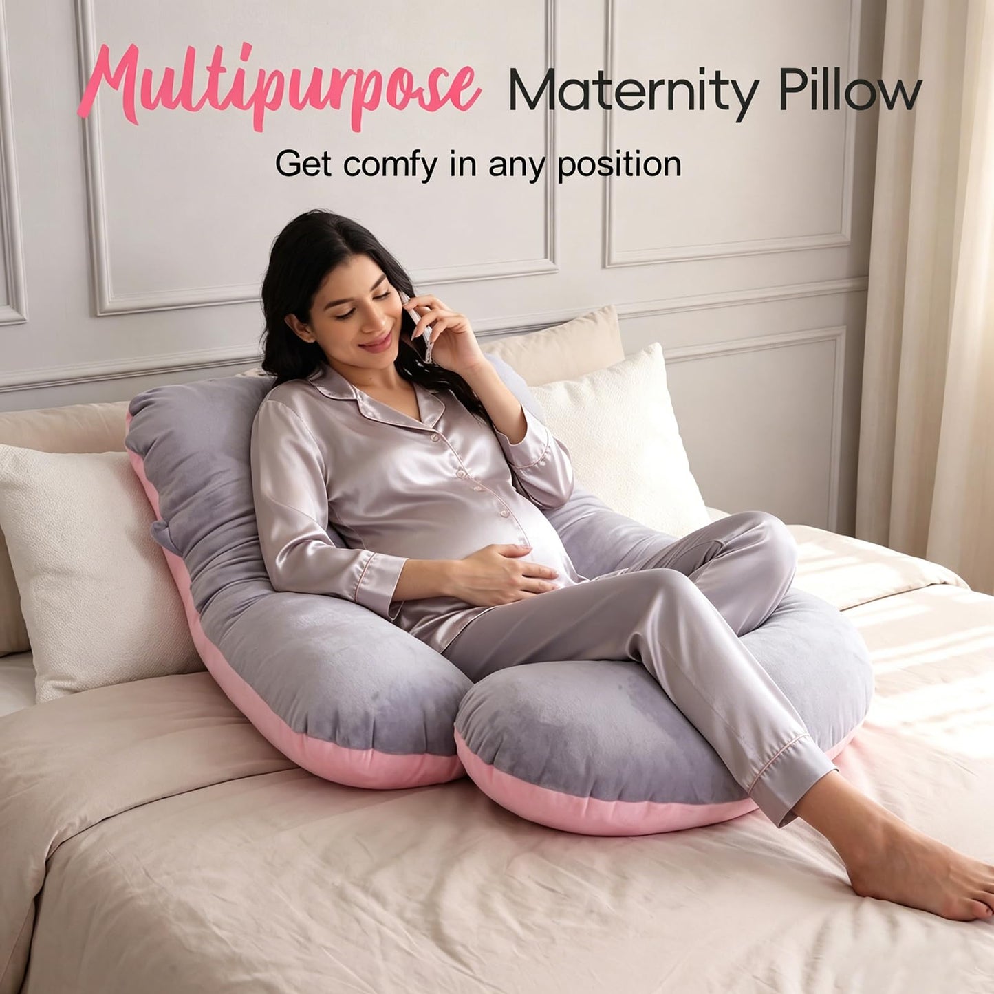 EZMOM Pregnancy Pillow for Sleeping, Soft 57“ Full Body Maternity Pillow, U Shaped with Removable Washable Cover, Support for Back, Belly, Leg, Hip, Neck & Shoulder (Pink & Grey)