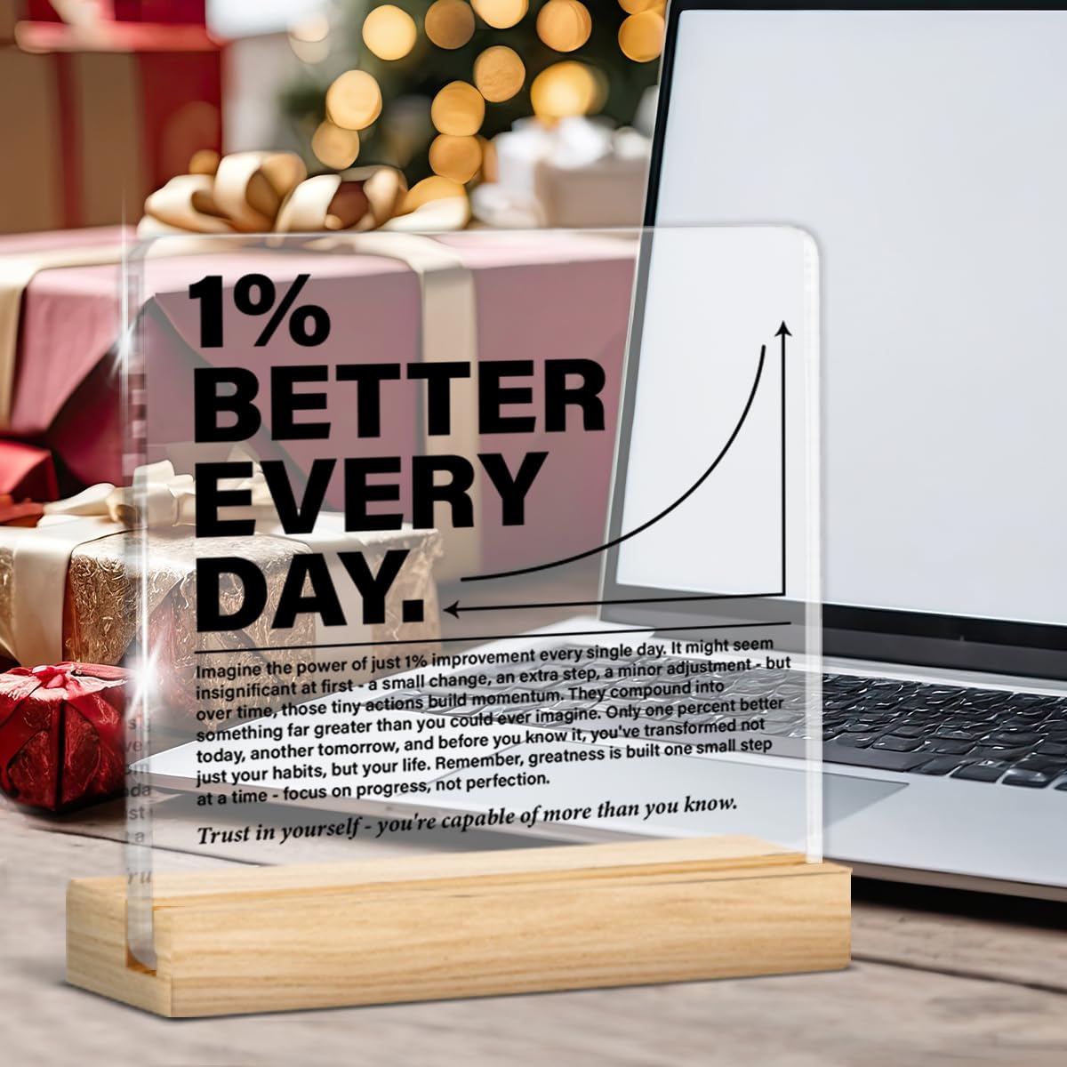 Inspirational Office Home Desk Decor 1% Better Every Day Clear Acrylic Desk Decorative Sign, Motivational Gifts for Coworker Employee Friend