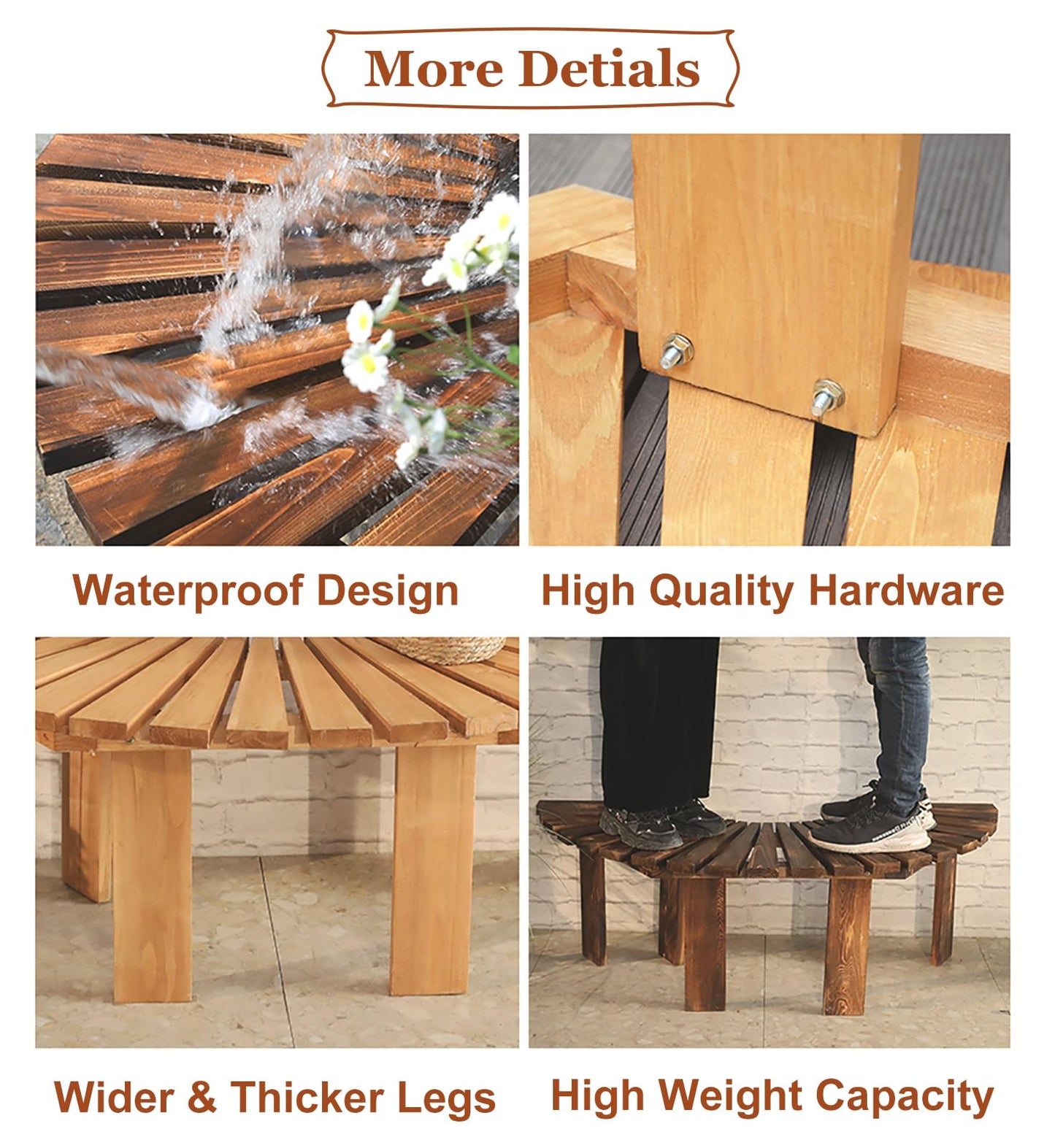 Wooden Semi-Circle Tree Bench - Outdoor Wrap-Around Seating for Park, Garden, Porch & Lawn - All-Weather Brown Furniture Decoration (Half Round Size)