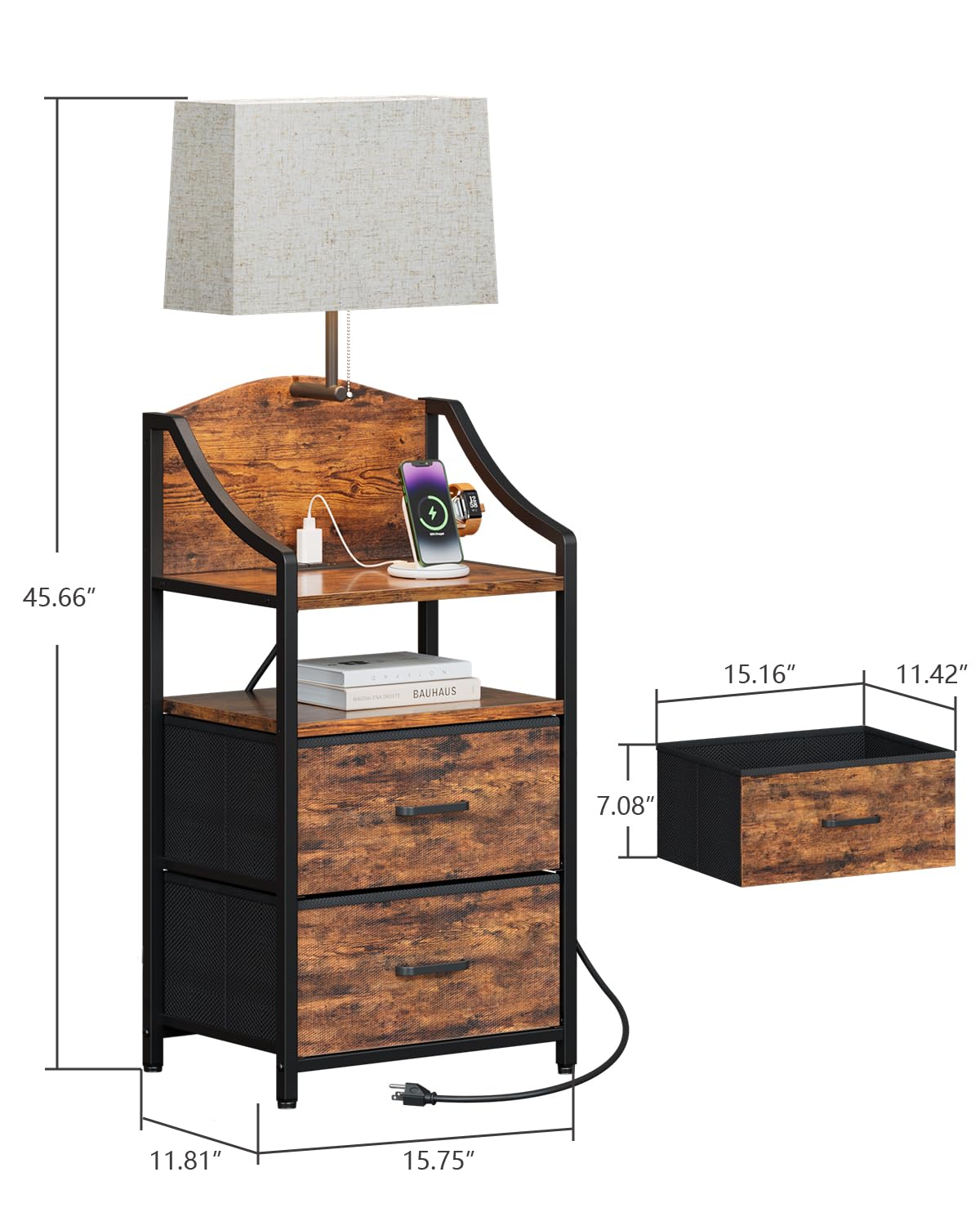 Evermagin 45" Tall Nightstand with Charging Station & Light, Night Stand with 2 Fabric Drawer & Storage Shelf, Bedside Table End Table with USB Ports and Outlets for Bedroom, Dorm, Rustic Brown