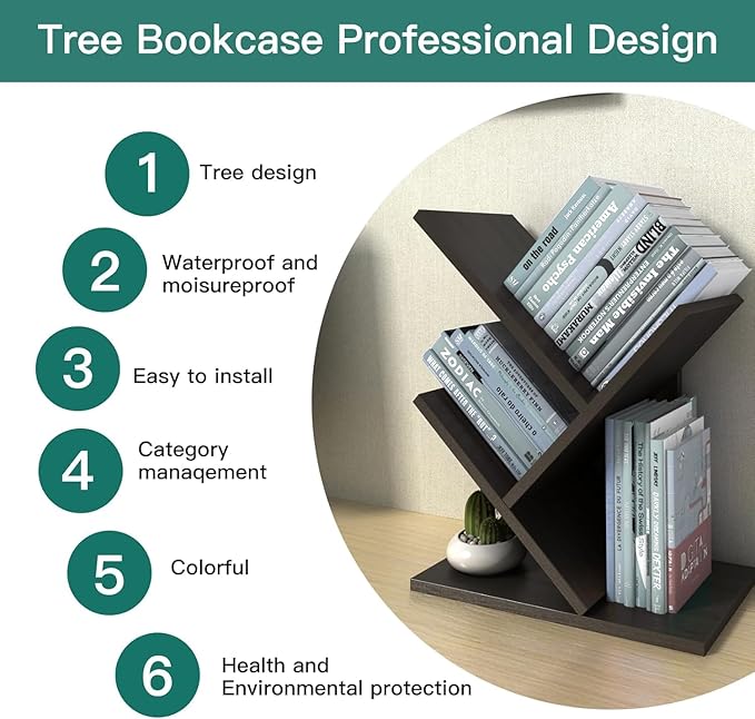 Godferyxin Tree Bookshelf, 3-Tier Wood Small Bookshelf and Mini Bookcase