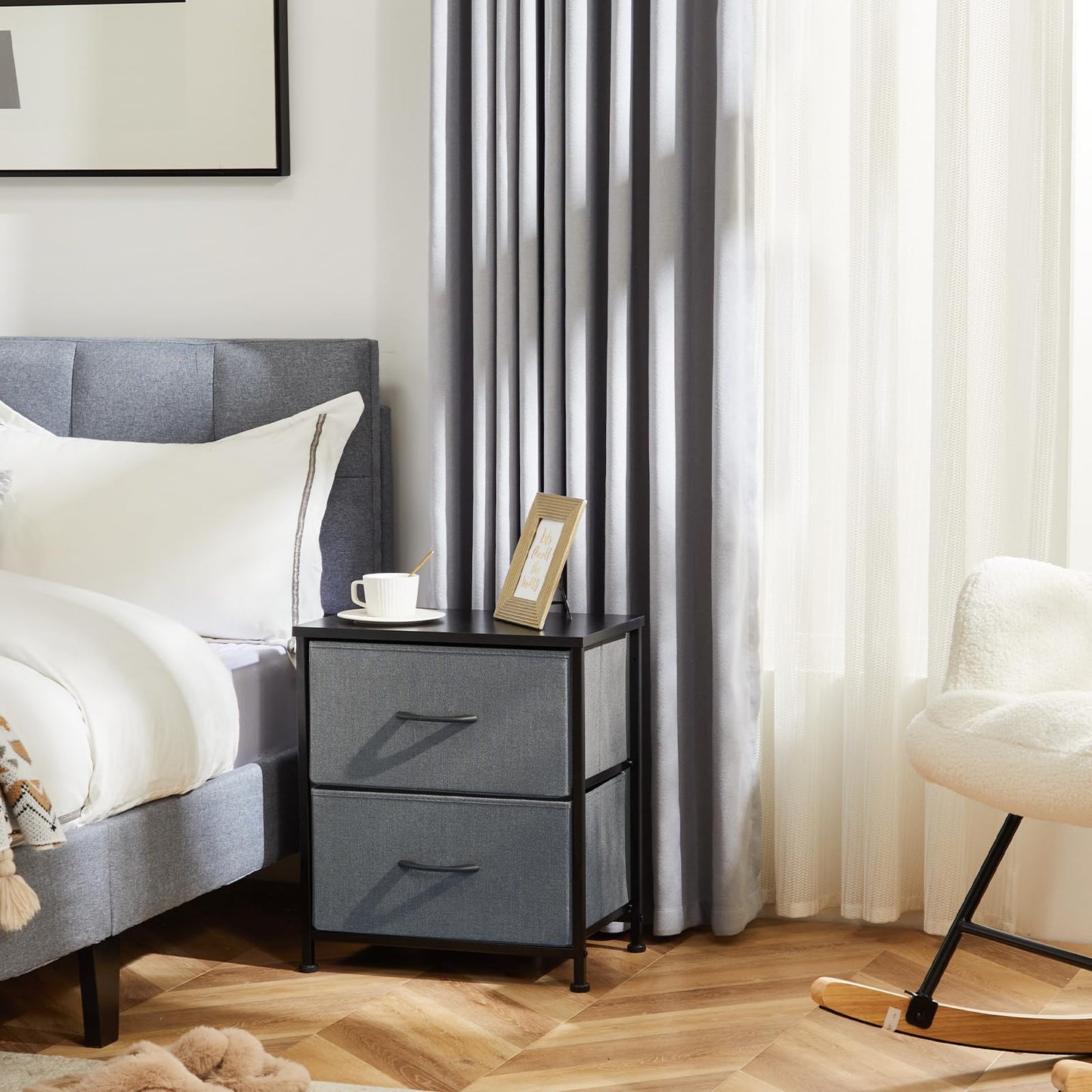 DUMOS Nightstand Set of 2, Small Dresser with 2 Fabric Drawers Side Bedroom End Table Kids Bedside Storage Furniture for 25 inch Tall Night Stand for Closet, Entryway, College Dorm, Grey, M-2 Pack