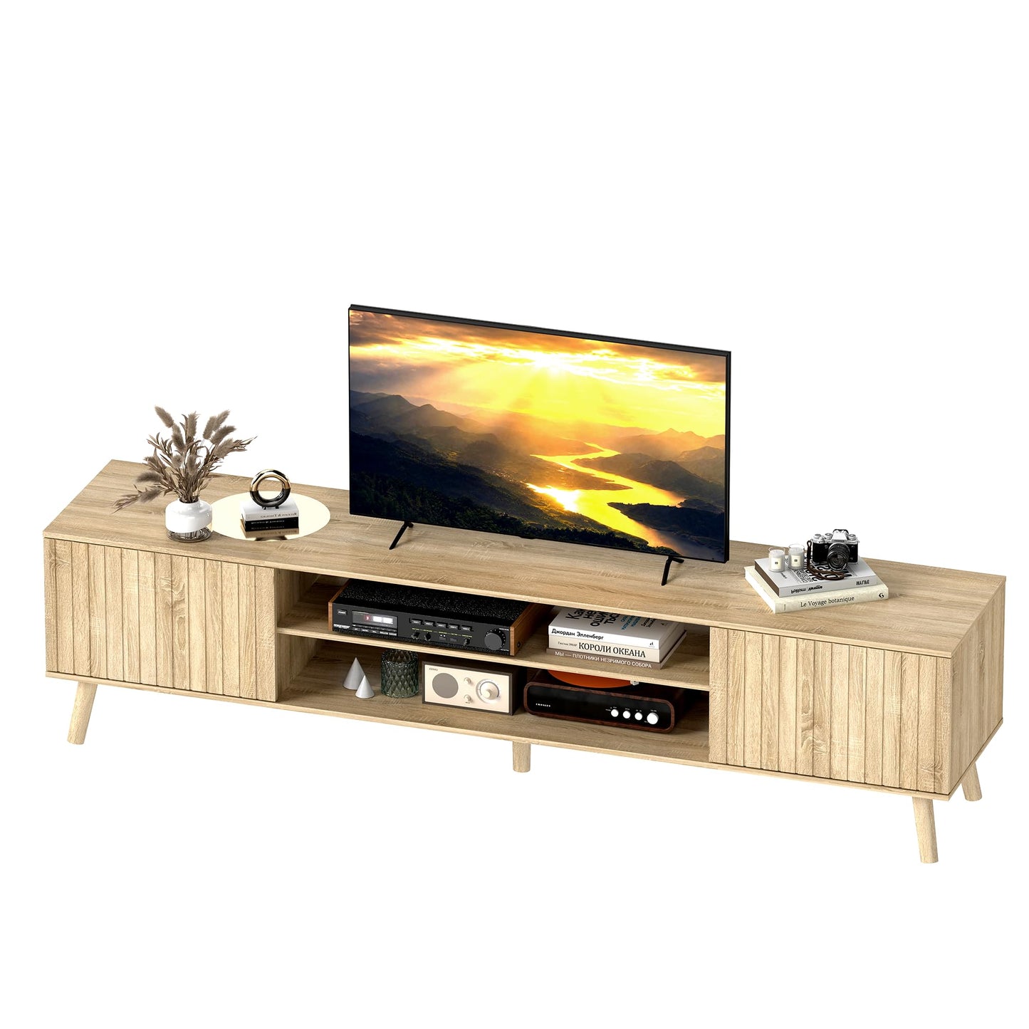 YOSHOOT TV Stand for 75 inch TVs, Mid Century Modern Entertainment Center with Power Outlet,Fluted Media Console with Open Shelves and Storage Cabinets for Living Room & Bedroom, Natural