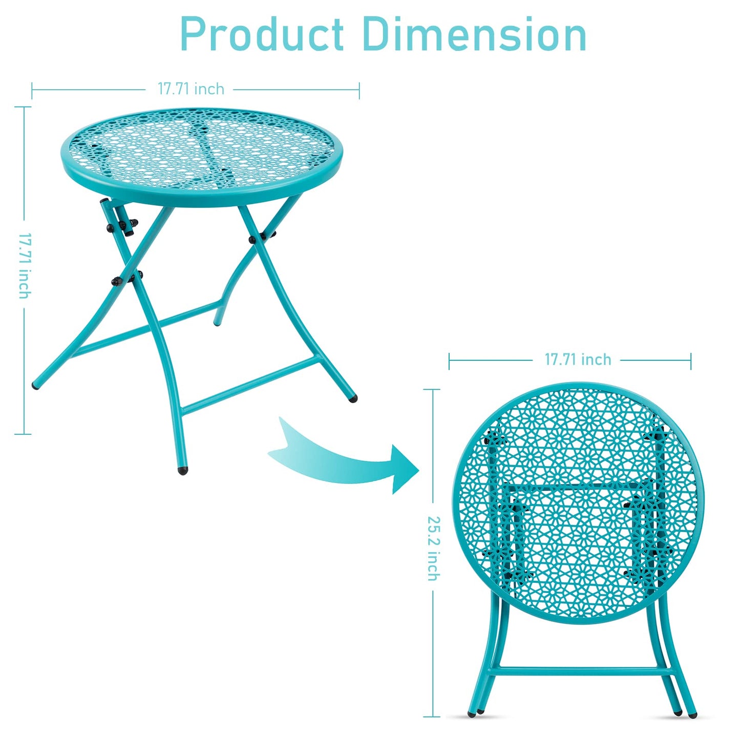 TeoKJ Folding Outdoor Side Tables, Anti Rust Small Patio Table Round Metal Nightstand with Flower Cutouts for Porch Yard Balcony Deck Lawn, Blue