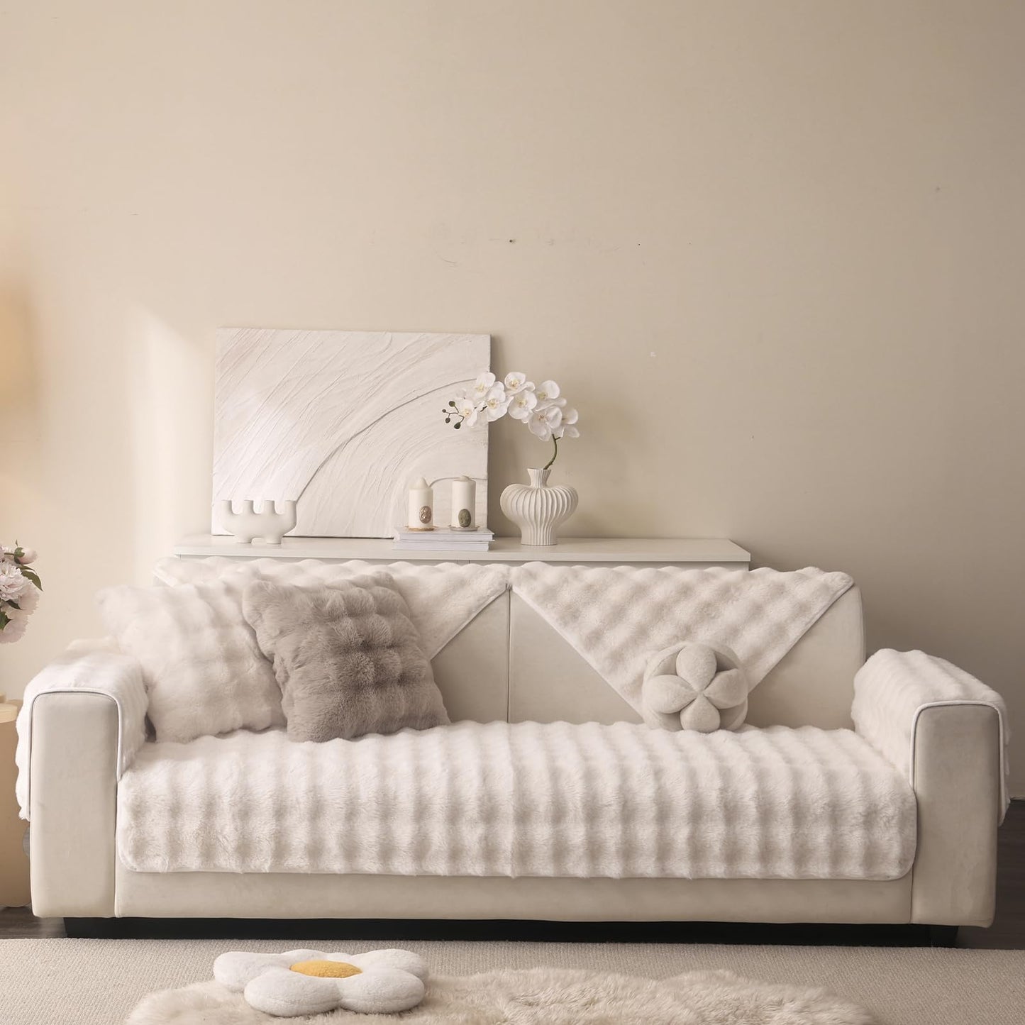 Aucrovee Soft Plush Faux Fur Couch Cover, Thick Warm Fuzzy Sectional Sofa Covers for 3 Cushion Couch Sofa L Sharped Sofa Non Slip Slipcover, Furniture Protector Covers for Pets(1 PCS 36"x94" White)