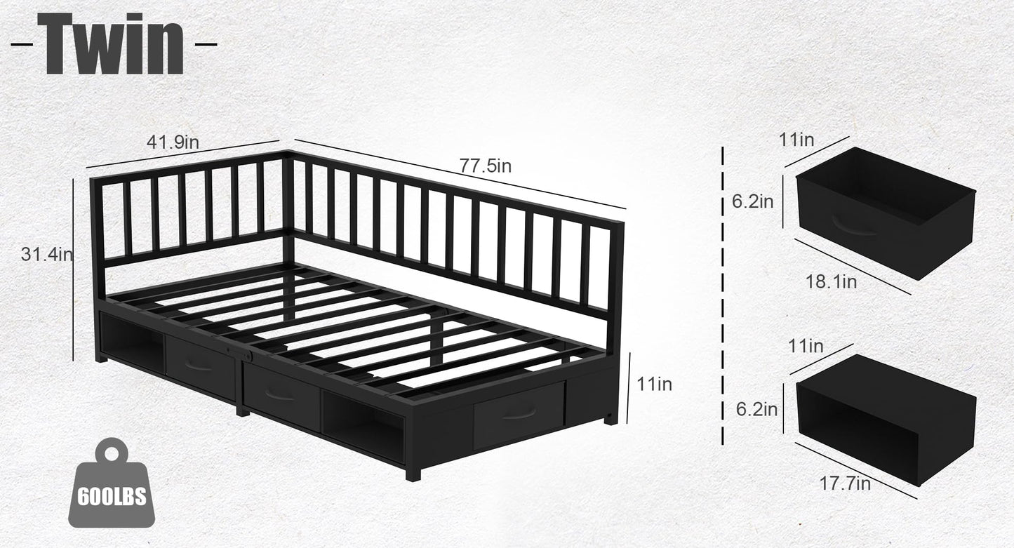 Modern Corner Storage Bed Frame (Twin, Black) - Convertible Sofa Bed with Pull-Out Cabinet, Bookshelf, Headboard Storage & Drawers, Built-in RGB Mood Lights for Small Spaces (No Box Spring Needed)