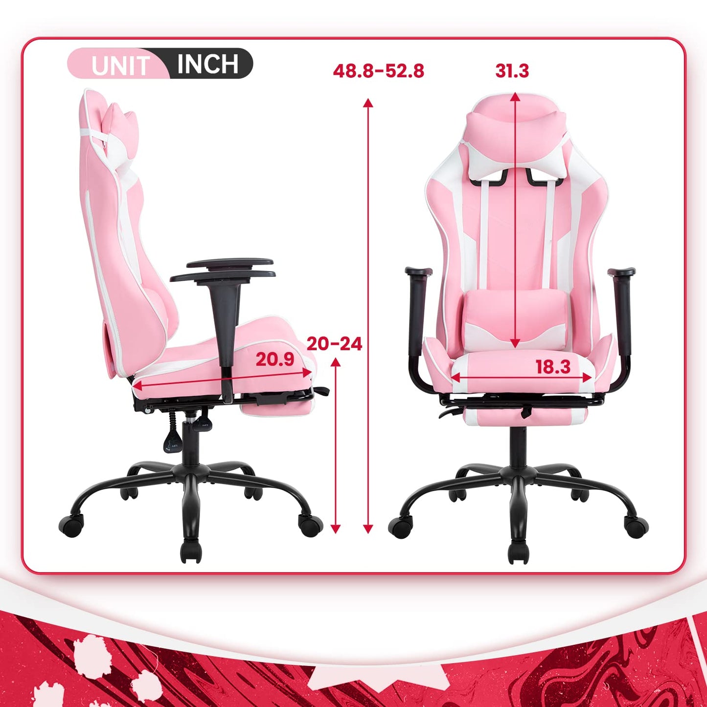 BestOffice | Ergonomic Gaming Chair | Pink | Reclining Computer Chair with Lumbar Support, Headrest Pillow, Adjustable Footrests | 360 Swivel with Heavy Duty Wheels | for Home & Office