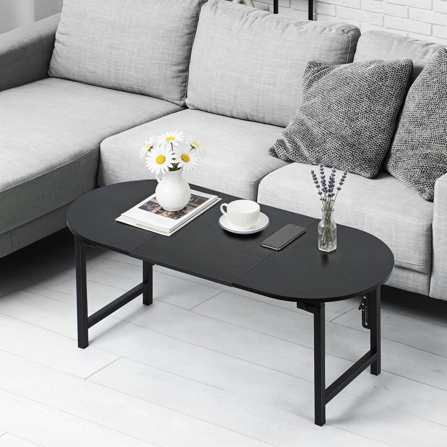CADUKE Folding Coffee Table, Oval Small Coffee Table for Living Room Black Center Table Leg Latches Portable Tables for Small Spaces, Home Office
