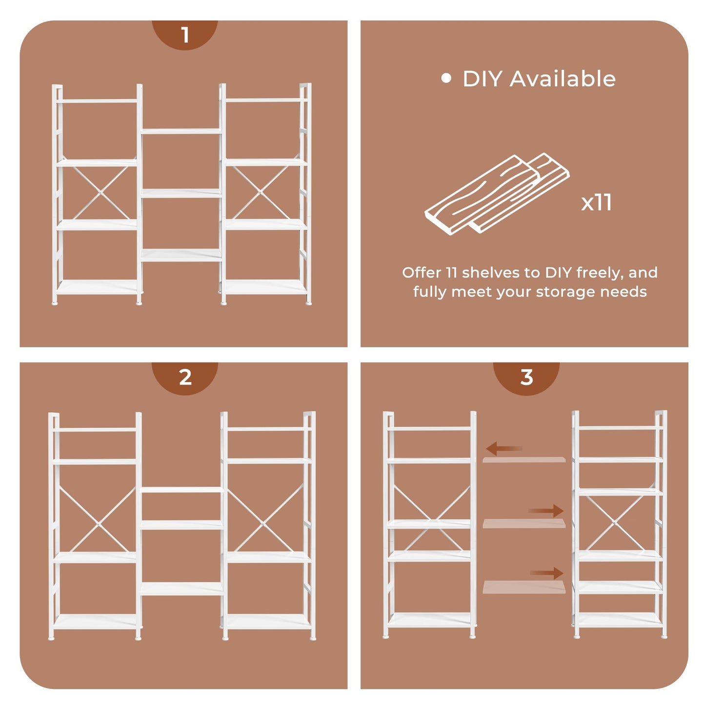 SUPERJARE Triple Bookshelf, Bookcase with 11 Open Display Shelves, Wide Book Shelf Book Case for Home & Office, 4 Tier, White