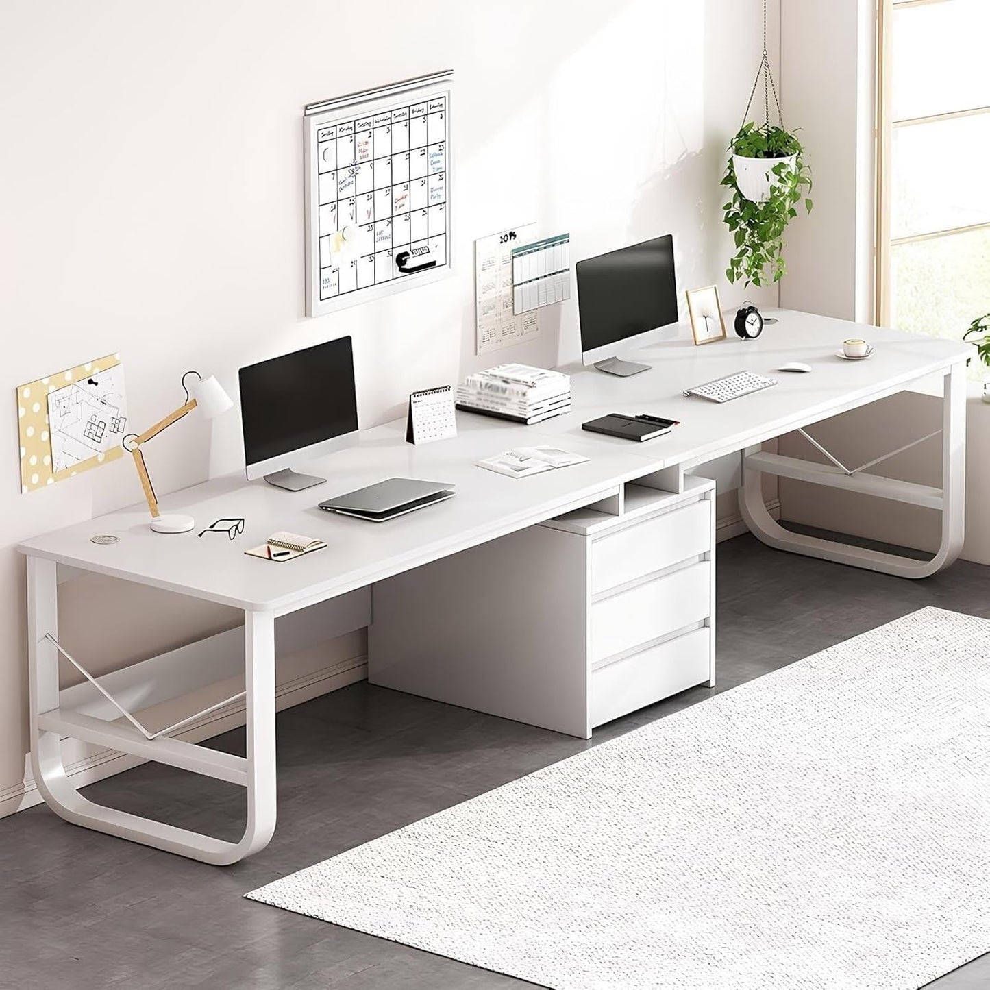 Wall Mounted Folding Table Floating Table Adjustable Steel Bracket,Double Person Office Desk 200CM Long Computer & Gaming Desk with 3 File Drawers Modern Wooden Workbench Perfect for Home &