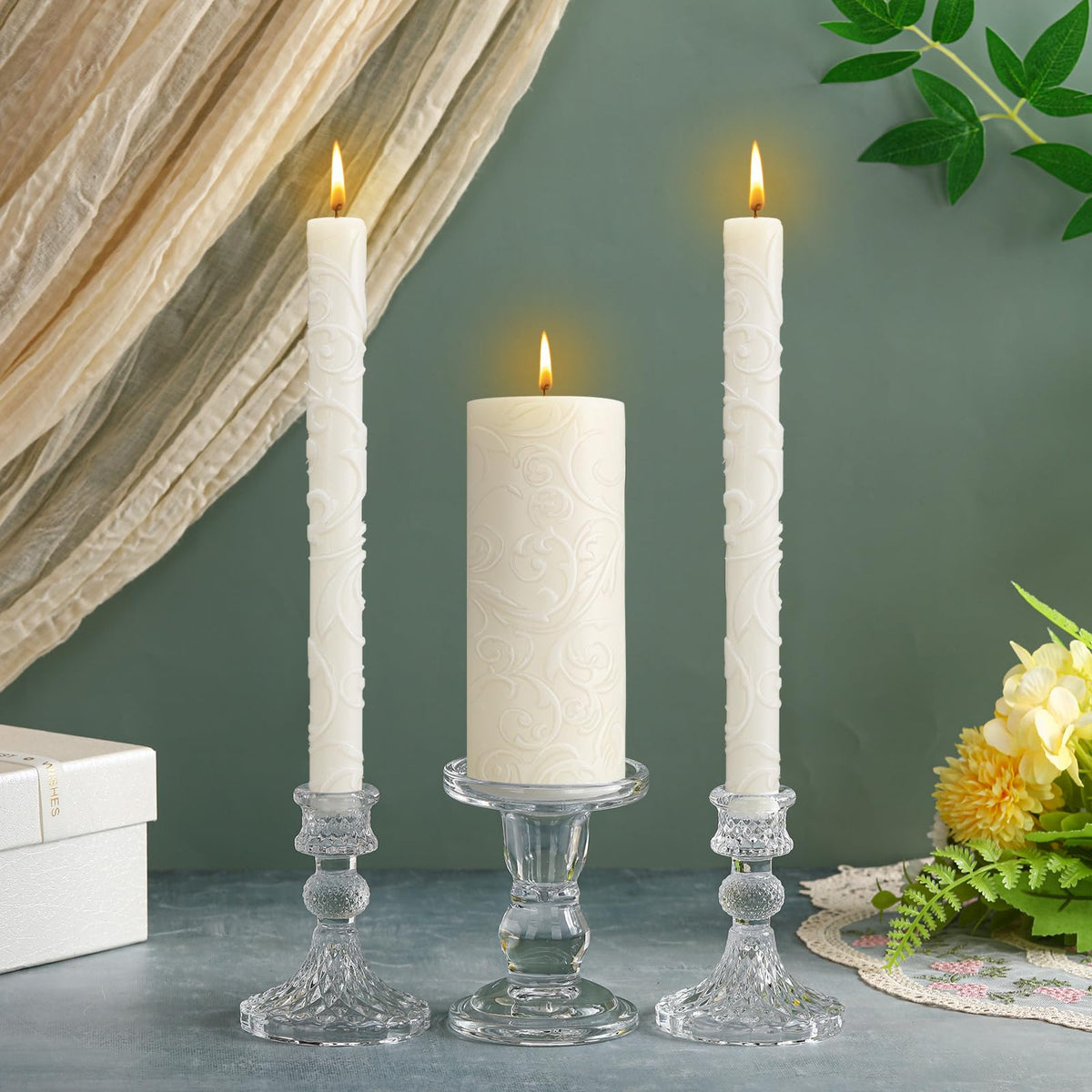 Irenare Unity Candles with Holder for Wedding Ceremony Wedding Decortions Accessories Glass Candle Holder Pillar Candle for Formal Events Church (Delicate)