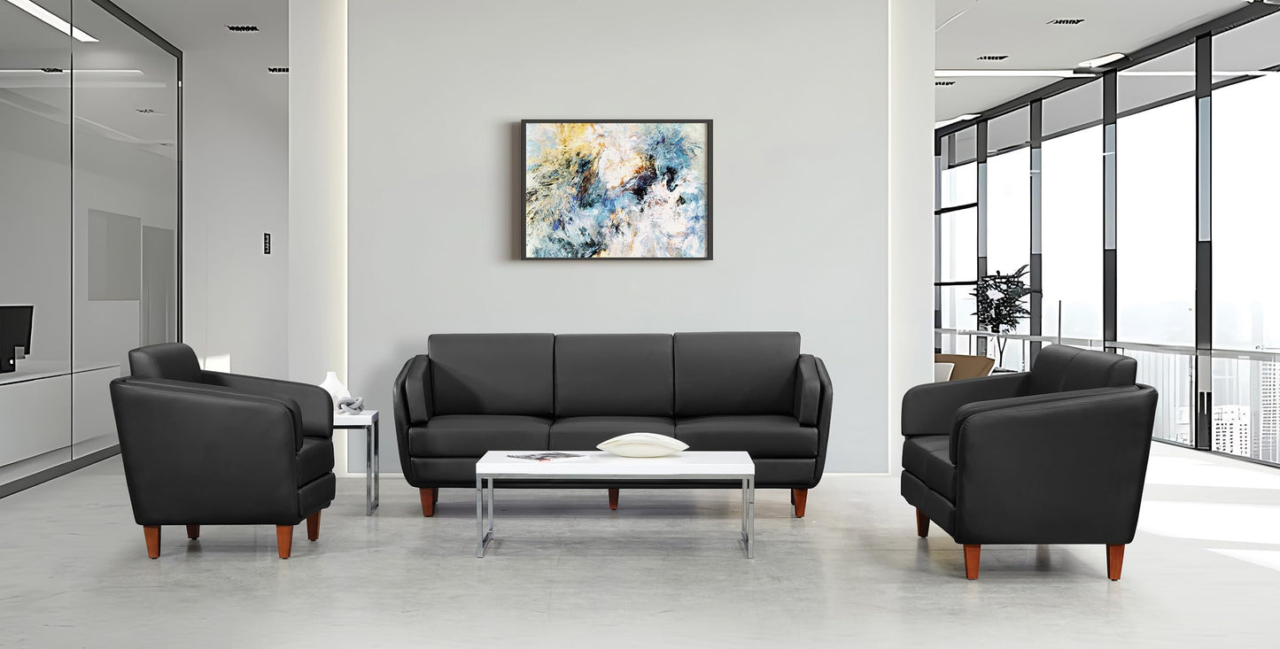 Office Star Products Lounge Seating with Cherry Finish Wood Legs, Coil Spring Seat, Black Faux Leather, Loveseat