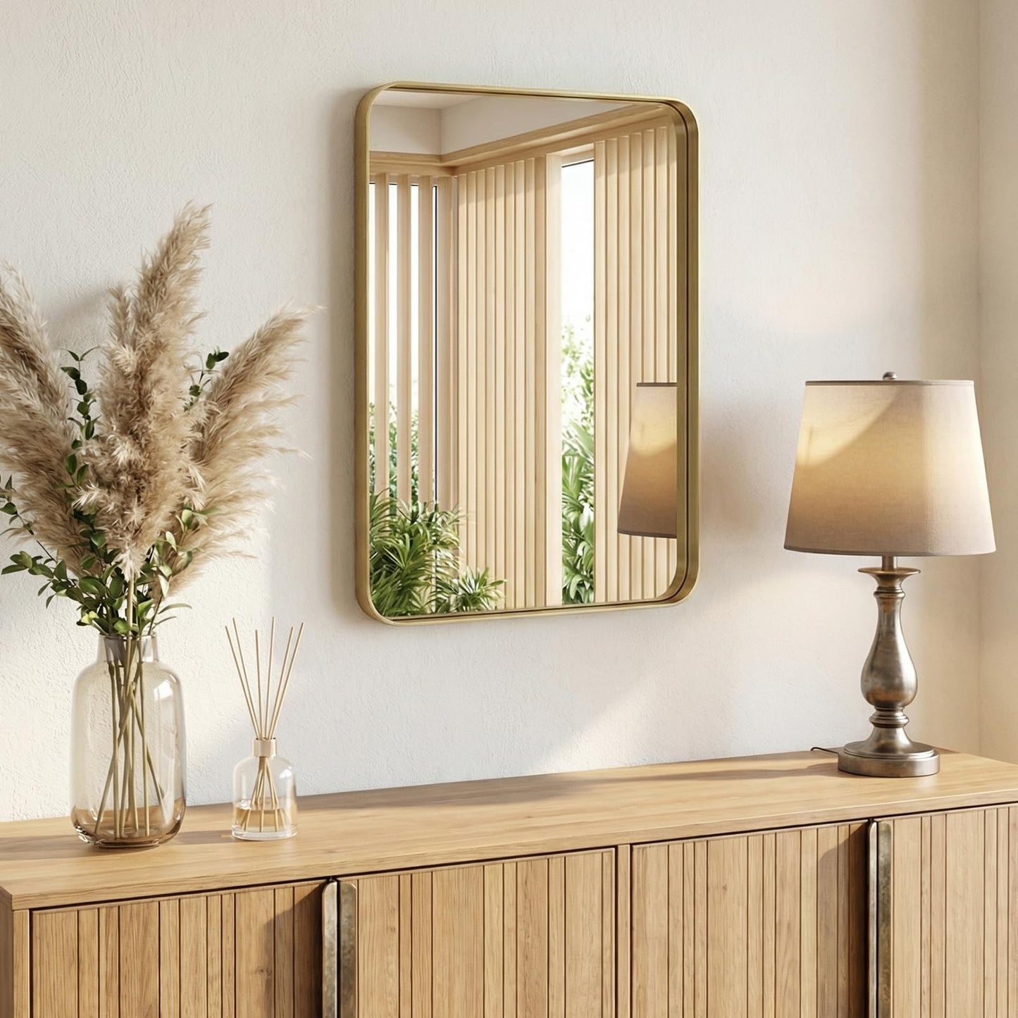 Sweetcrispy Bathroom Wall Mirror, 30x22 Inch Wall Mount Mirror for Over Sink, Modern Rounded Rectangle Vanity Mirrors with Matte Metal Framed, for Home Decor, Living Room, Bedroom, Gold