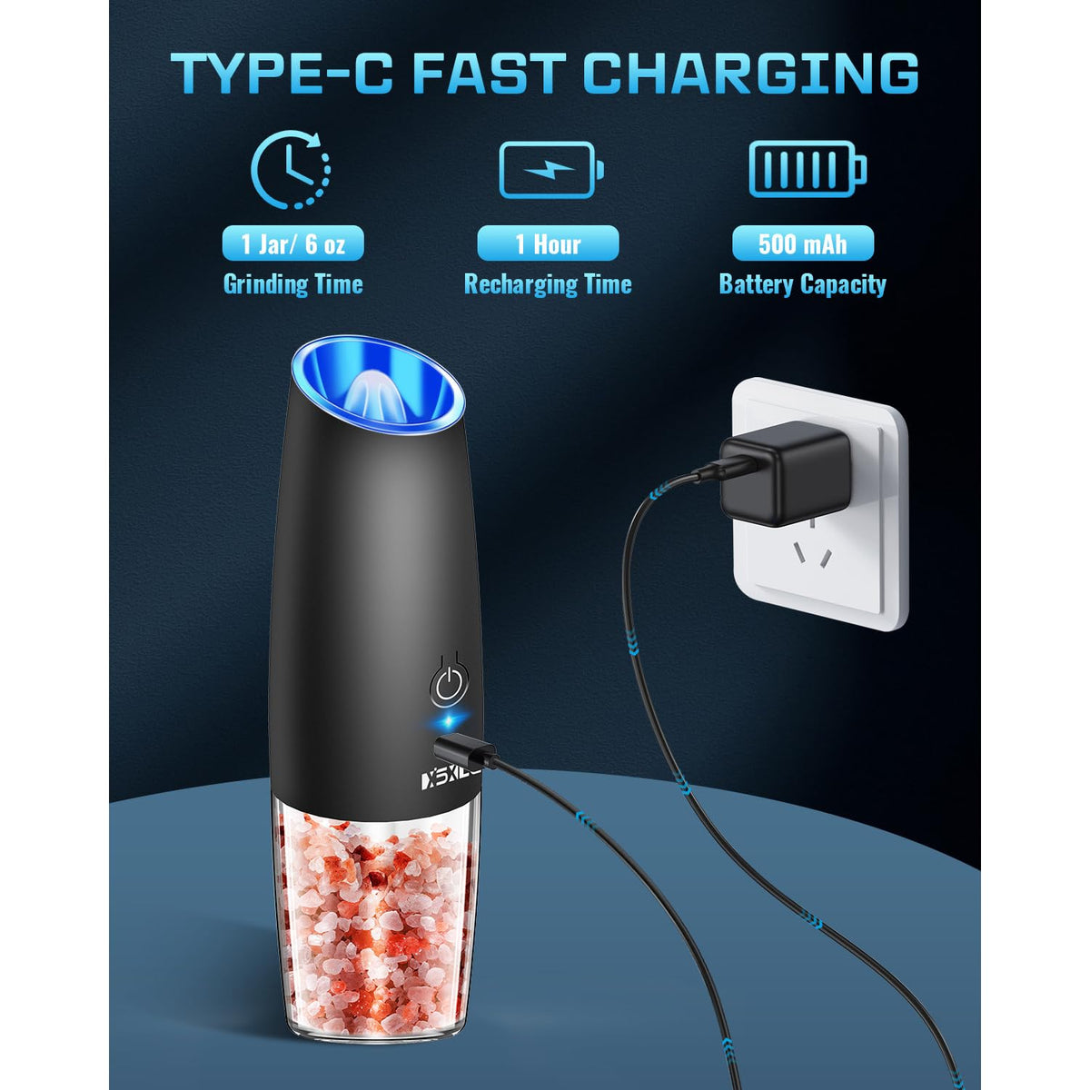 XinXu Rechargeable Pepper and Salt Grinder Set, whit Gravity Sensing Switch and LED Light, One Hand Automatic Operation -Black/2 Pack