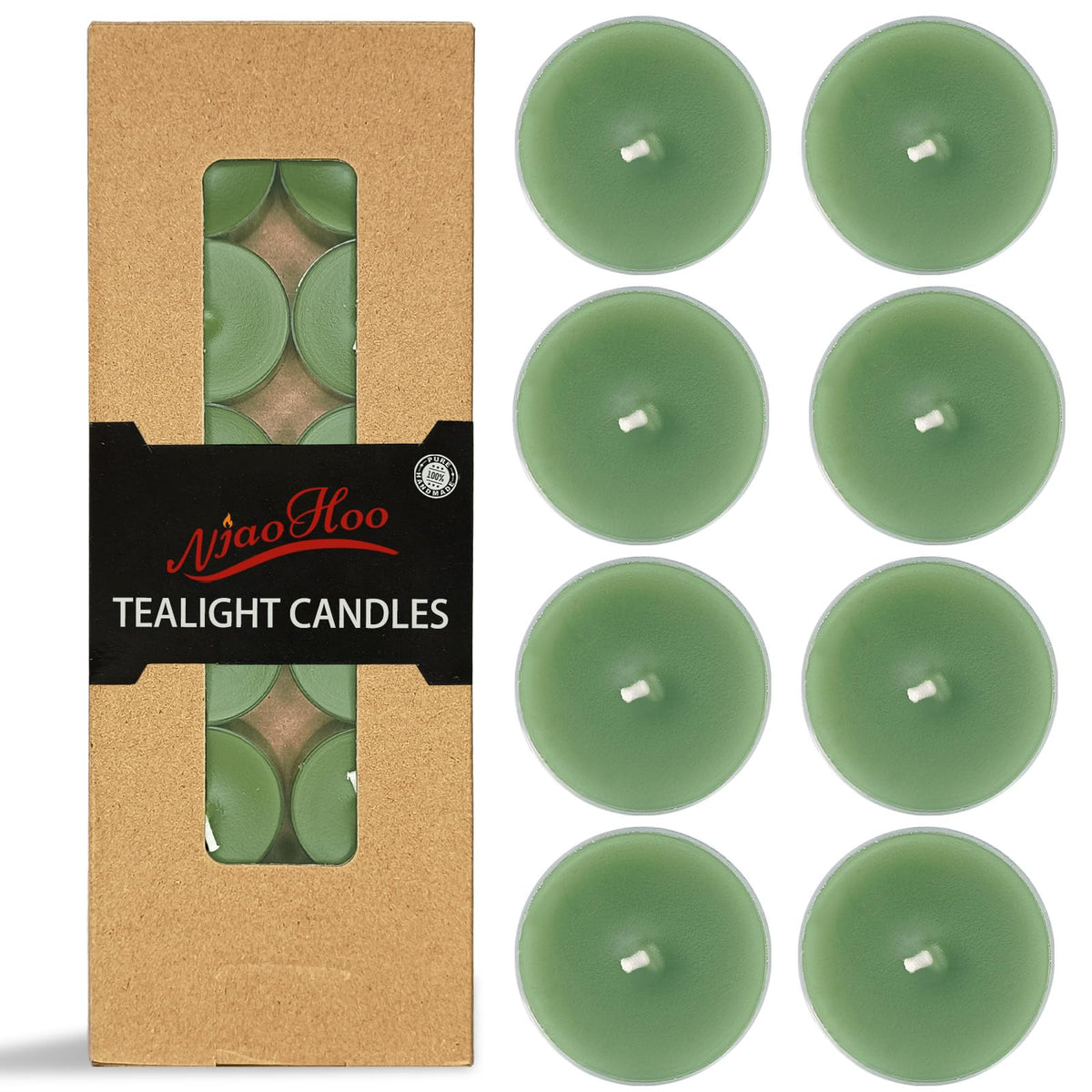 NJAO HOO 24 Pack Sage & Sea Salt Scented Tealight Candles 6 Hours Burn Grass Green Tea Candle Clear Cup Small Round Candle for Home Decor and Aromatherapy