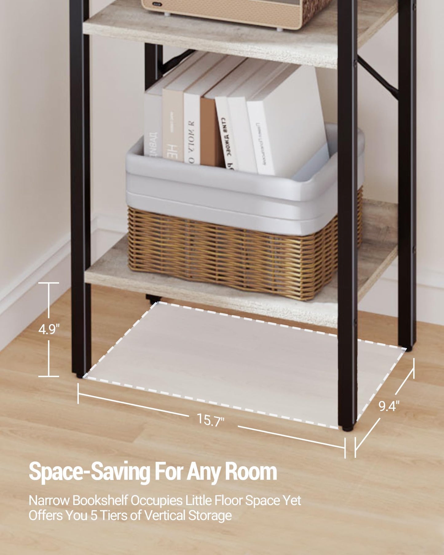 Hzuaneri Bookshelf, Book Shelf, Industrial Bookcase with 2 Hooks, Coner Shelf Storage Organizer for Home Office, Living Room, Bedroom, Kitchen, 5-Tier Greige BC10505B