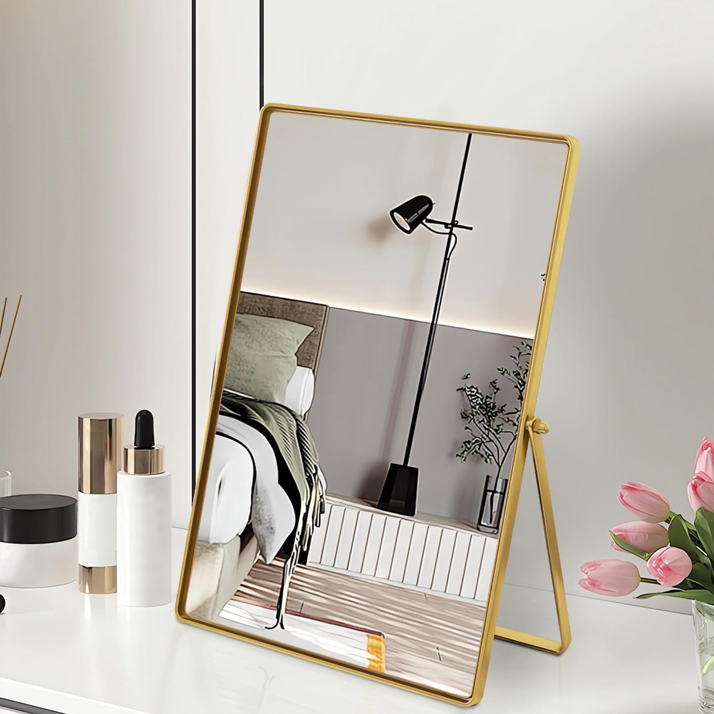 Numjeg Desktop Vanity Makeup Mirror Portable Standing Mirror with Metal Stand 90°Adjustable Rectangular Desk Table Mirrors Good for Bedroom Living Room Shower Room Office