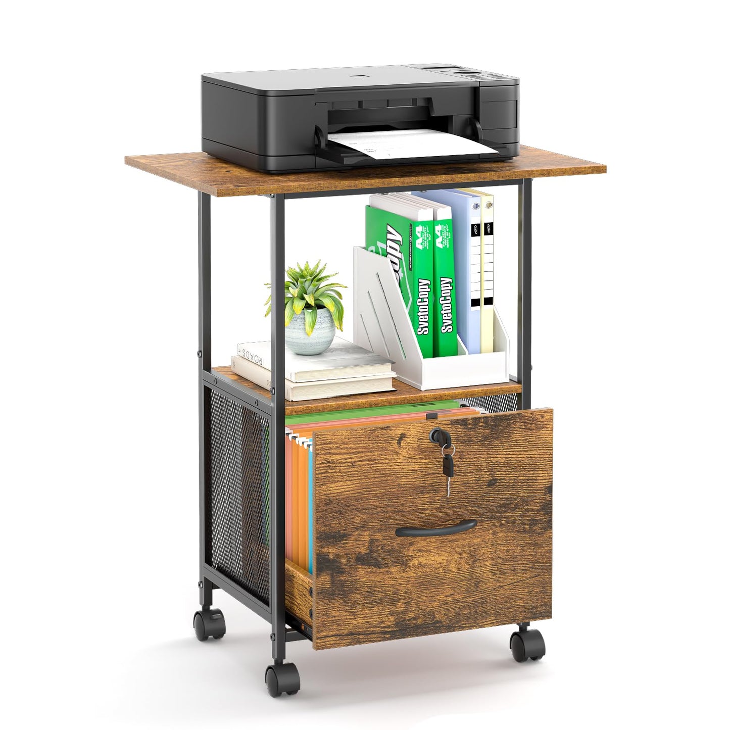 ThreeHio Small Filing Cabinet with Lock, Printer Stand with File Storage, Rolling Locking File Cabinet with Drawer Vertical File Cart with Wheels, Lockable Filing Cabinet for Home Office