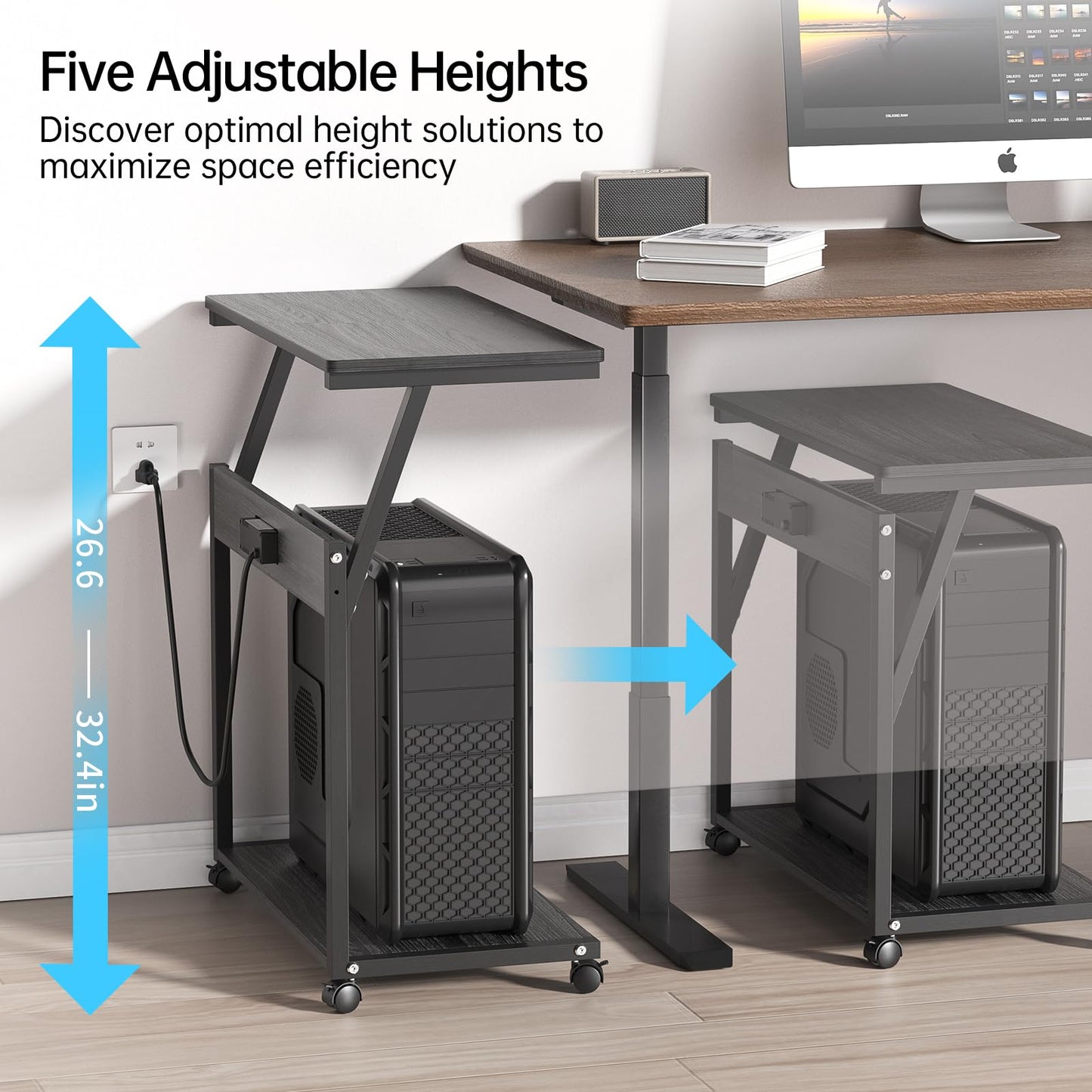 FANXIYQ Computer Tower Stand with 360° Locking Casters, 5 Height Adjustable Mobile CPU Cart, Under Desk PC Holder for Gaming Desktop, Home Office Organization, Black