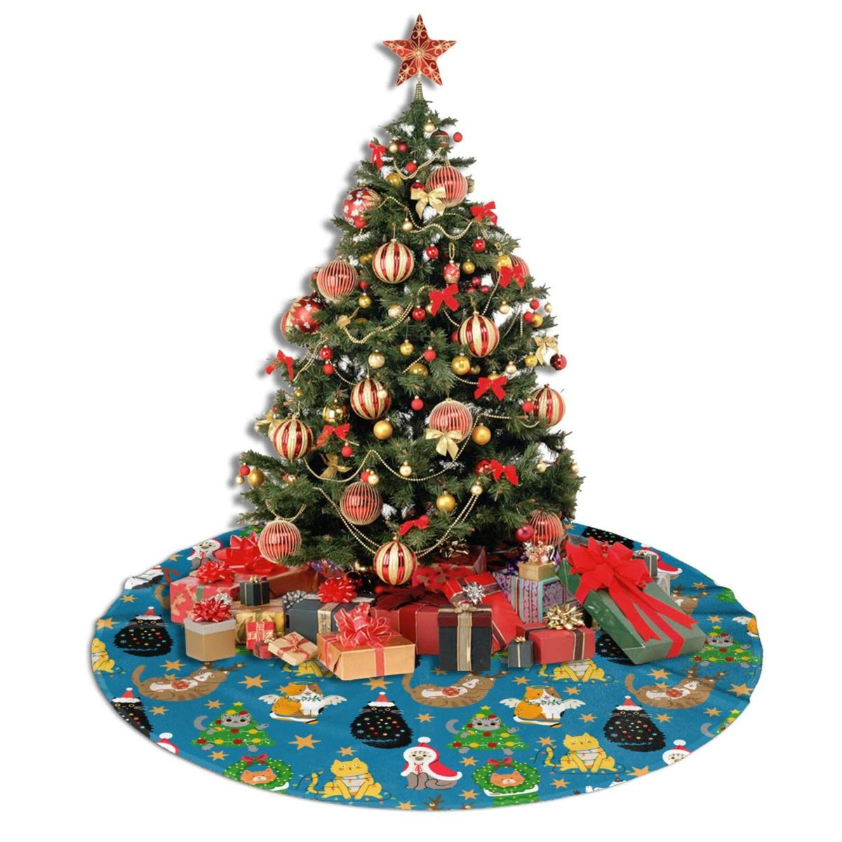 Cute Cats Christmas Tree Skirt, 48 inches Blue Kawaii Animal Tree Skirts Santa Xmas Mat Farmhouse Holiday Party New Year Supplies Ornaments Decorations for Mini Small Pencil Big Trees