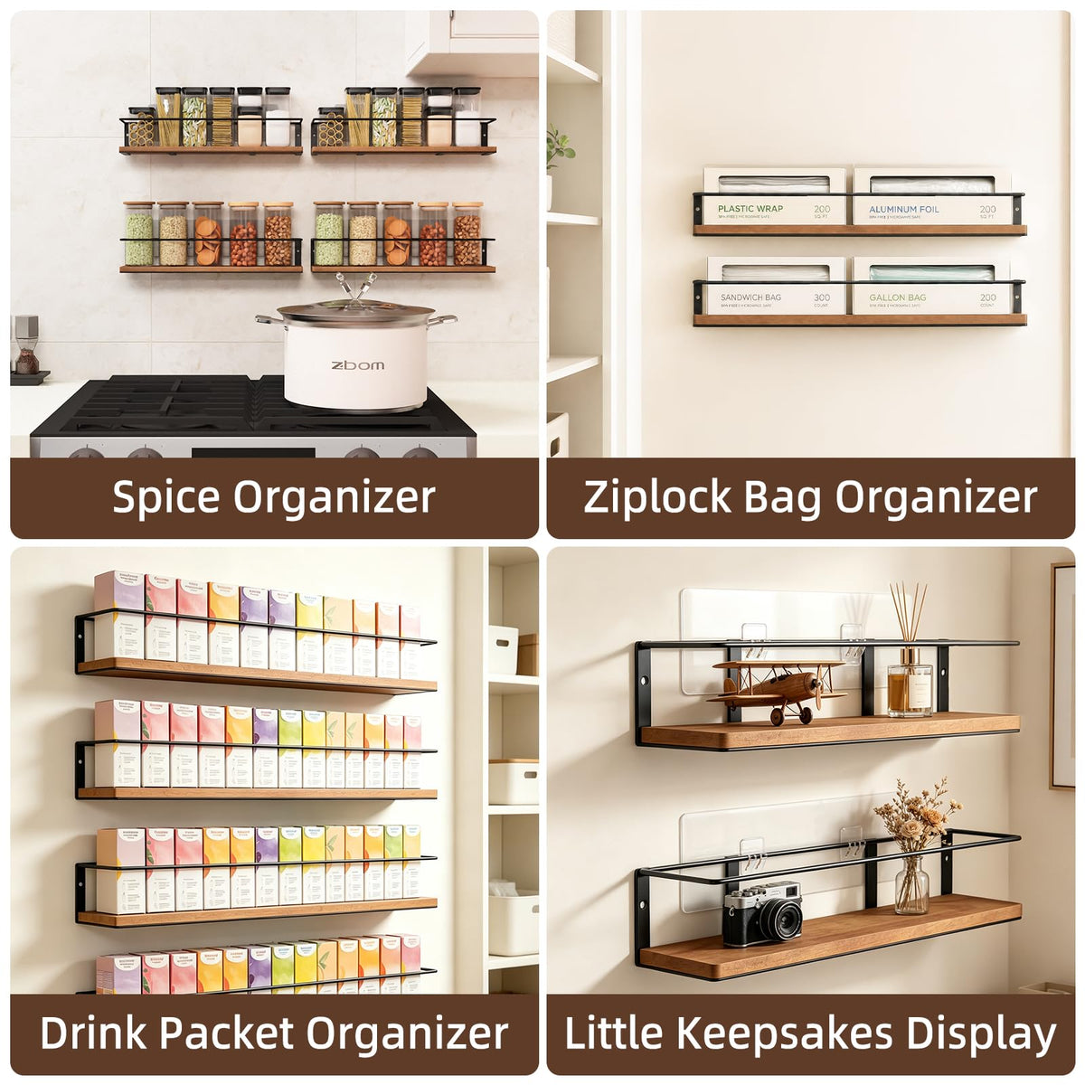 GIGIFTREE Spice Rack Self-Adhesive or drilling, Rustic Style Hanging Spice Rack, Spice Organization for Cabinet Door or Wall Mount, Over The Stove, Kitchen Wall, 2-Pack