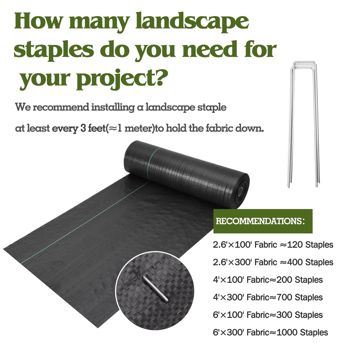 HongWay 2.6FT x 300FT Weed Barrier Fabric, Garden Cloth Woven Landscape Fabric Heavy Duty with 120 U-Shaped Securing Pegs, Lawn Weed Block Mat Ground Cover for Garden Beds, Farming