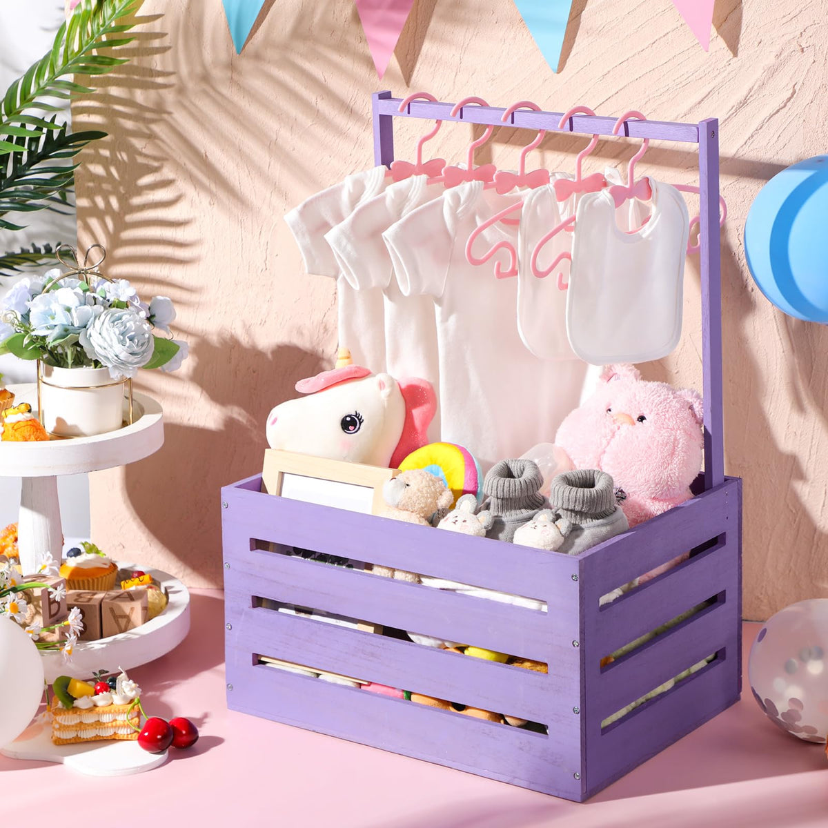 Suzile Wooden Baby Shower Crate Closet Wood Basket for Gifts with Handle Boy Girl Clothes Gender Reveal Storage Box for Newborn New Parent(Purple)