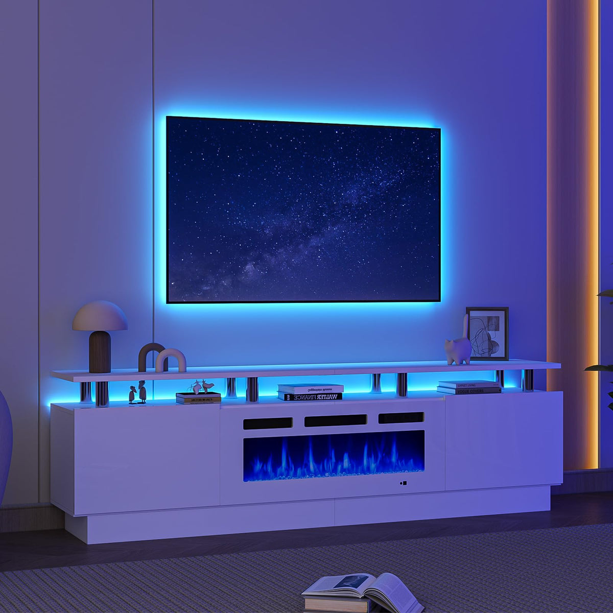 MXV 80" Fireplace TV Stand, Modern Entertainment Center & 36 Inch Electric Fireplace with Remote Control, LED Light, Fire Place Tv Stand for Living Room for TVs up to 90", White + White