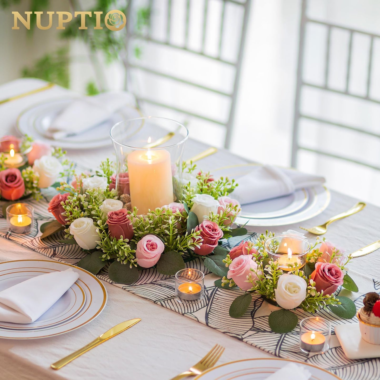 NUPTIO Small Flower Rings for Centerpieces: 9.05 Inch Dusty Rose & White Candle Rose Wreath 10 Pcs for Wedding Party Christmas Decorations - Spring Summer Front Door Porch Decor