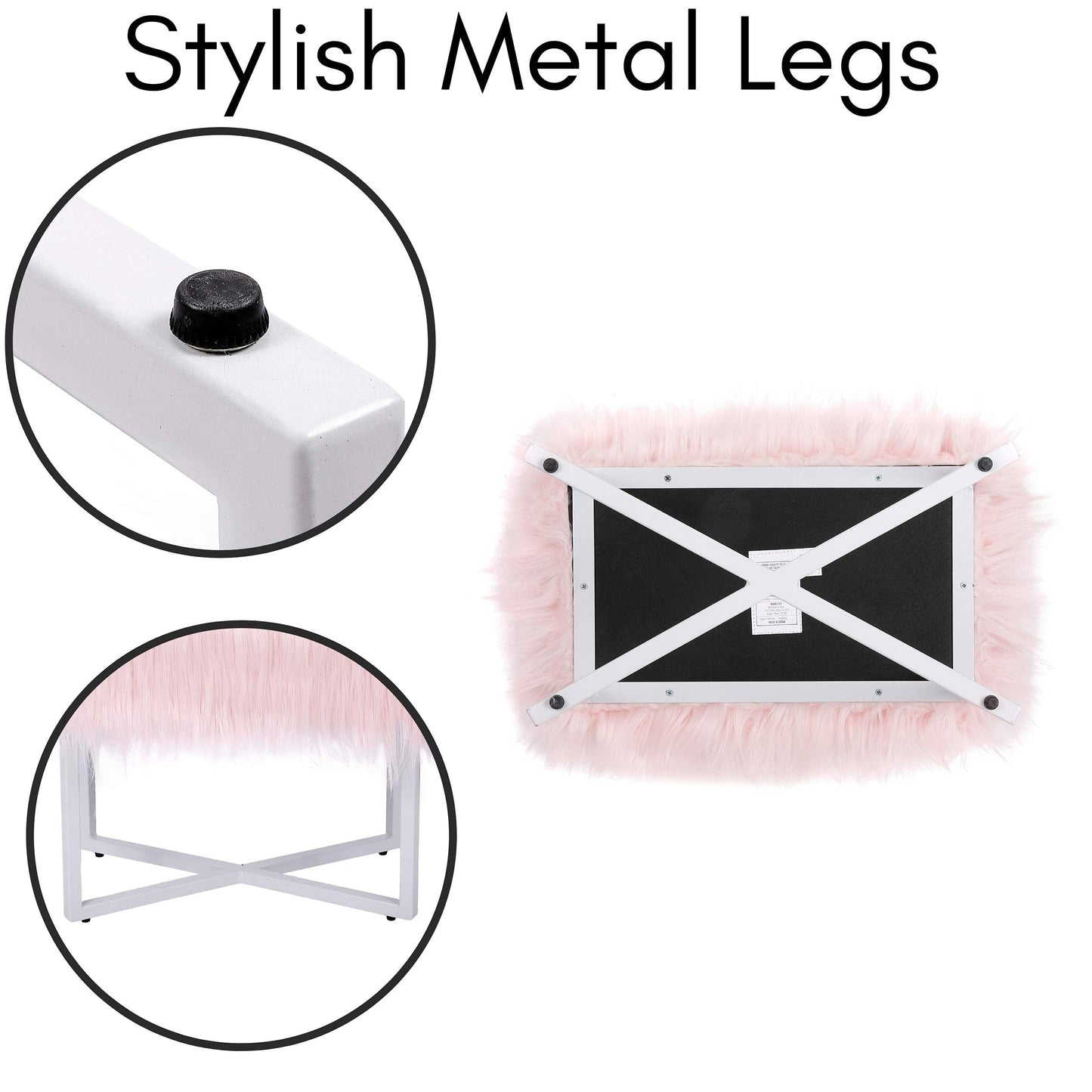 BIRDROCK HOME Rectangular Faux Fur Vanity Foot Stool Ottoman with Metal Legs - Small Soft Padded and Fluffy Makeup Seat or Foot Rest for Bedroom, Desk, or Dressing Table (Pink and White)