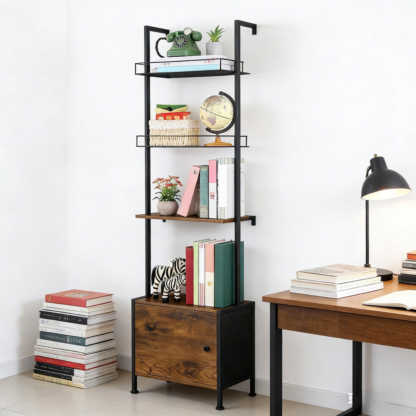 Vrisa 4 Tier Ladder Bookshelf with Drawers Wall Mounted Storage Shelves Wooden Ladder Shelf with Cabinet Display Bookcase for Living Room Bedroom Home Office Kitchen Brown