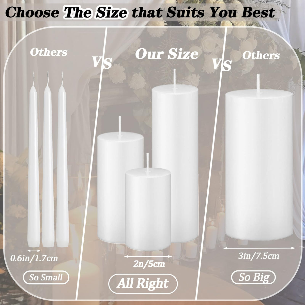 Trxvxo White Pillar Candles Bulk Set of 18,Hurricane Candles,3 Different Lengths 2 x 3/6/8 Inch (6 Each),Dripless Unscented Smokeless,Gives You a Better Atmosphere When Organizing an Event Party.