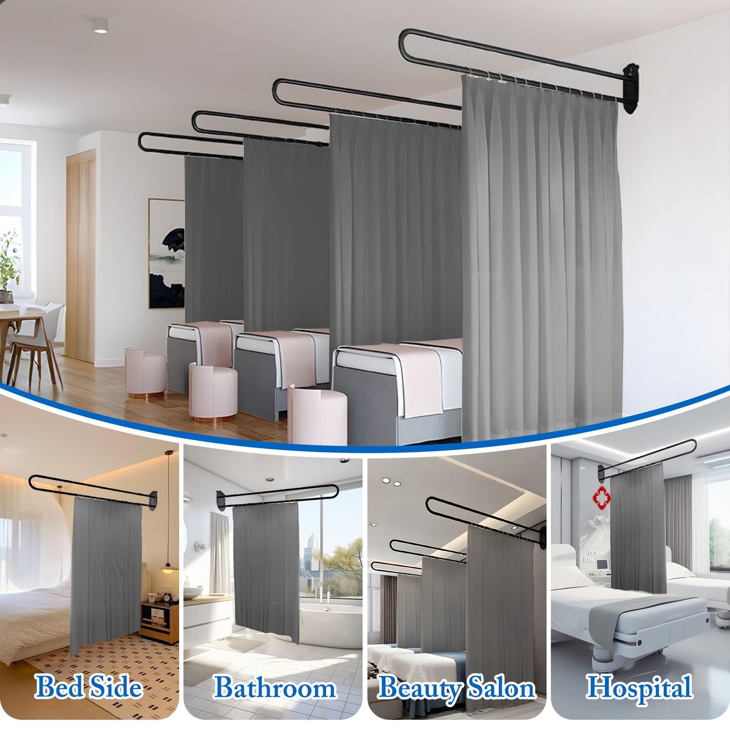 jvsufuik Privacy Partition Curtains, Wall Mounted Privacy Room Divider with Flat Hook U-Shape Hospital Curtains for Fitting Room Beauty Salon Bedroom Hospital(Grey,7.2ft)