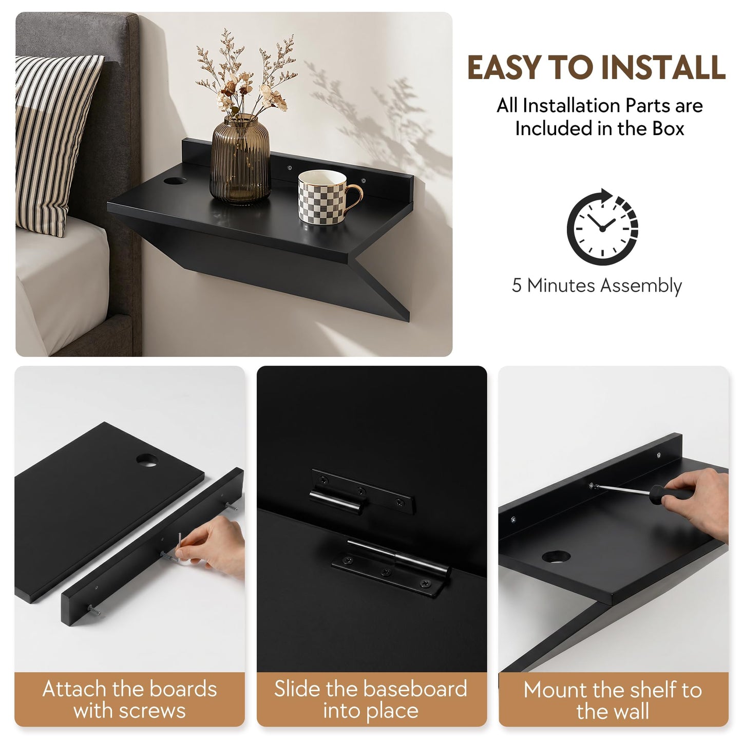 Petrala Floating Nightstand Set of 2, Black Wooden Bedside Table Wall Mount Nightstands Modern Side Table Wall Shelf Narrow Floater Night Stand Hanging End Table Z-Shape with Cable Hole for Bedroom