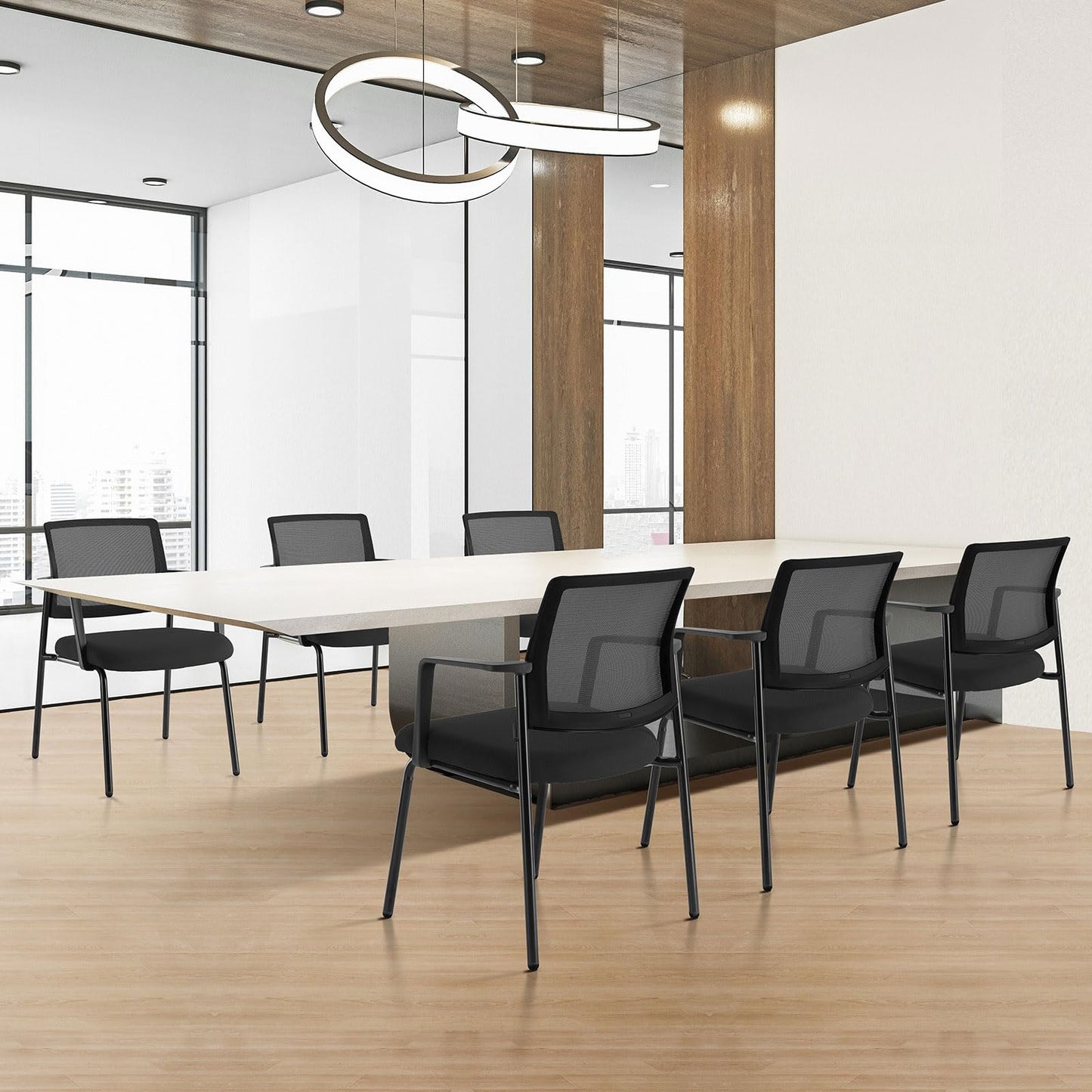 Mesh Back Stacking Arm Chairs, Office Reception Guest Chair with Upholstered Fabric Seat and Ergonomic Lumber Support, Sturdy Metal Office Chairs, Black-4pack