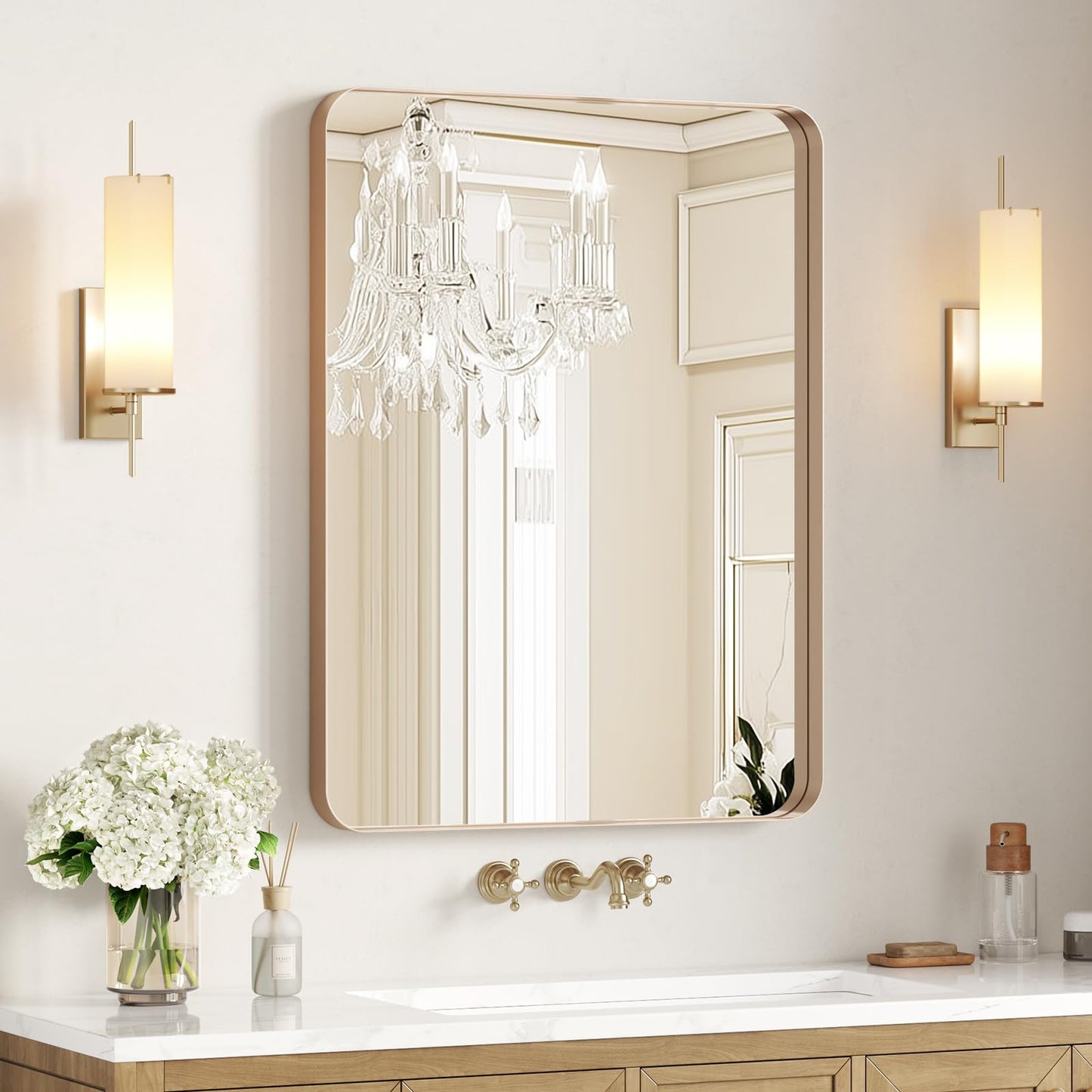 USHOWER Gold Bathroom Mirror 24"x36", Brushed Gold Rounded Rectangle Mirror for Over Sink, Aluminum Frame, Anti-Rust, Tempered Glass, Horizontal or Vertical Mounted