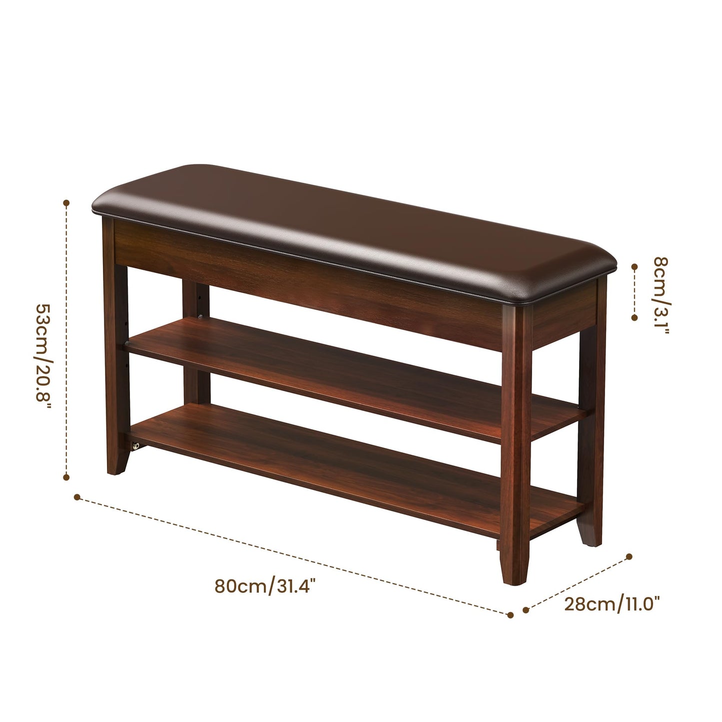 LBT Solid Wood Entryway Shoe Bench with Storage, Adjustable 2-Tier Shoe Rack, Flip-Top Hidden Compartment, Padded Leather Seat, Heavy-Duty 550 lb Capacity for Entryway, Mudroom, Closet 31.5 inch