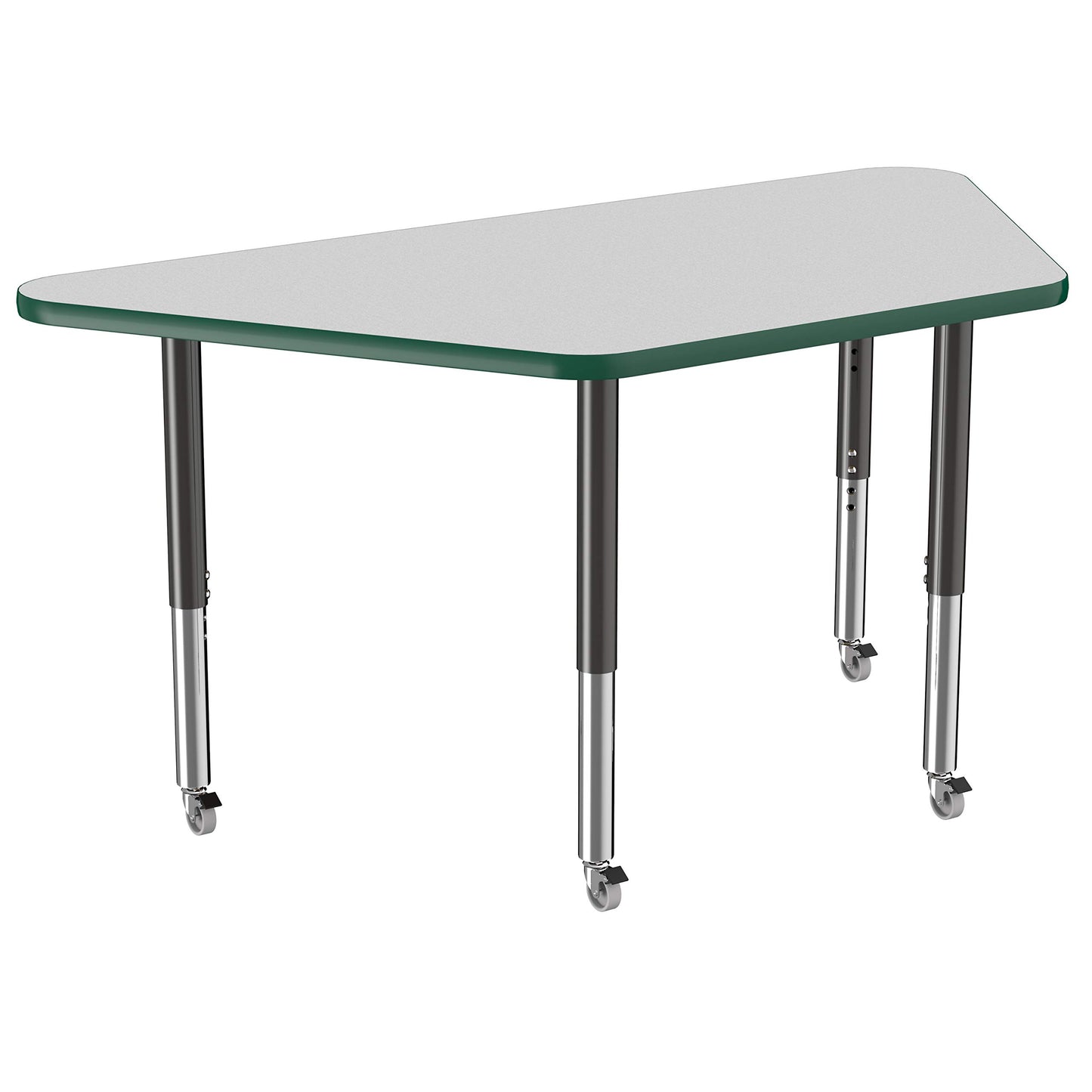 FDP Mobile Trapezoid Activity School and Office Table (30 x 60 inch), Super Legs with Glides and Casters for Collaborative Environments, Adjustable Height 19-30 inches - Gray Top and Green Edge