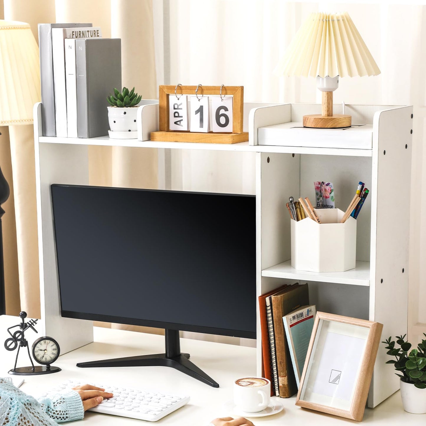 Briwooody Dorm Desk Bookshelf Desk Hutch Organizer with 5 Shelves and 3 Tier Desktop Hutch Storage Organizer for College Dorm Home Office Supply, 32.5 x 23.5 x 8 Inch(White)