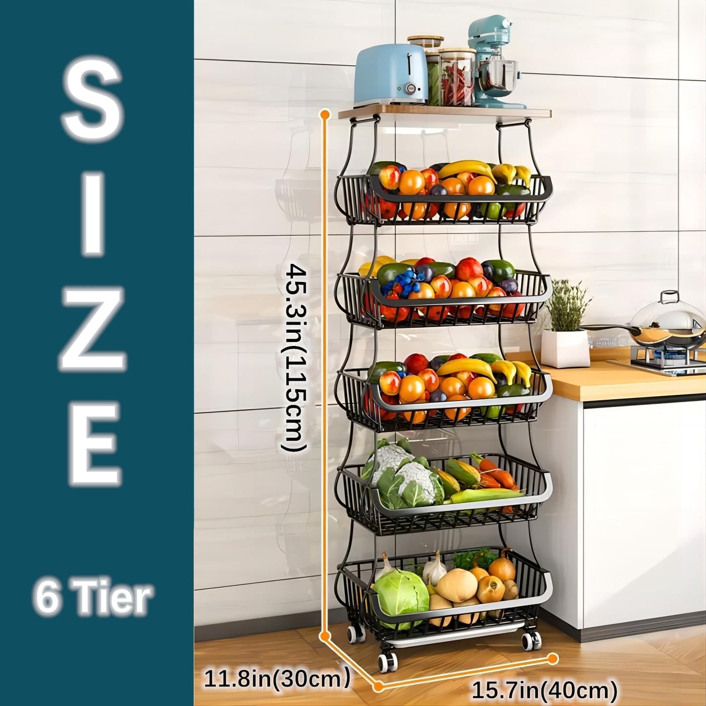 KLLsmDesign Metal Wire Baskets with Wheels, Stackable Storage Organizer for Kitchen, Bathroom, Office, Fruit & Vegetable Cart, Tableware Rack with Wooden Top