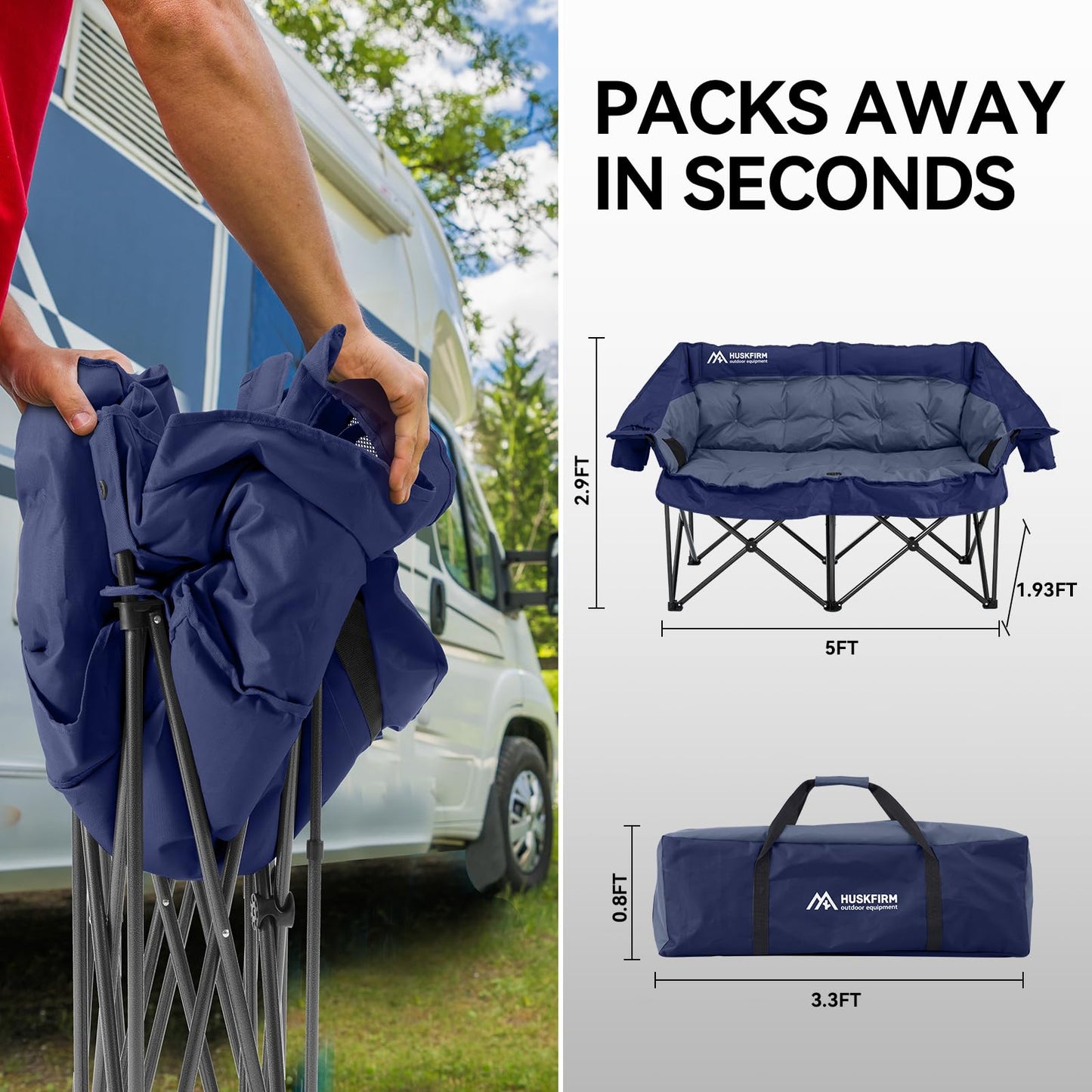 Double Camping Chairs Padded Loveseat Chair for 2 Person - Heavy Duty Oversized Camping Couch for Adults Outdoor Lawn Beach - Portable Folding Sofa with Cup Holders and Carry Bag, Navy Blue