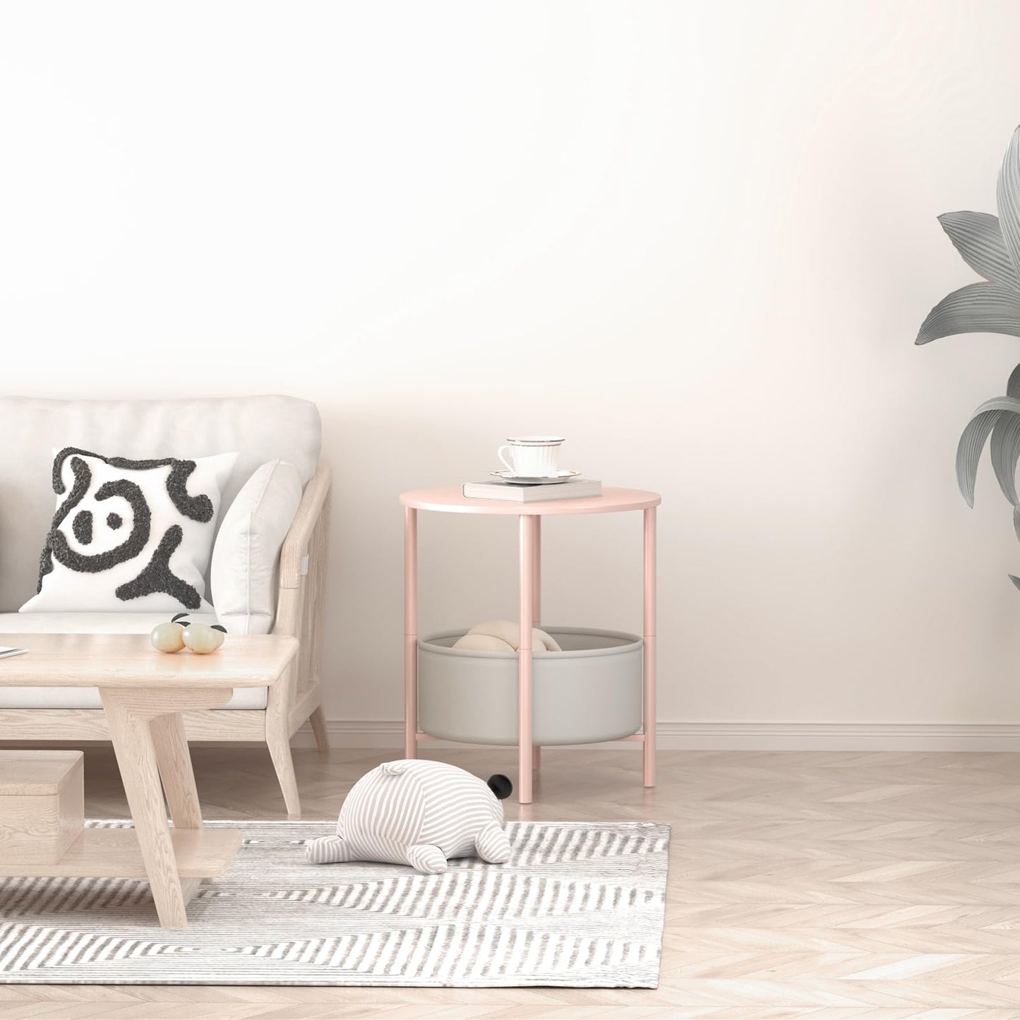 DGSANDGO Round End Table with Fabric Basket, Bedside Table with Storage, Morden Round Nightstand, Samll Side Table for Living Room,Bathroom,Bedroom, Nursery, Laundry, Pink