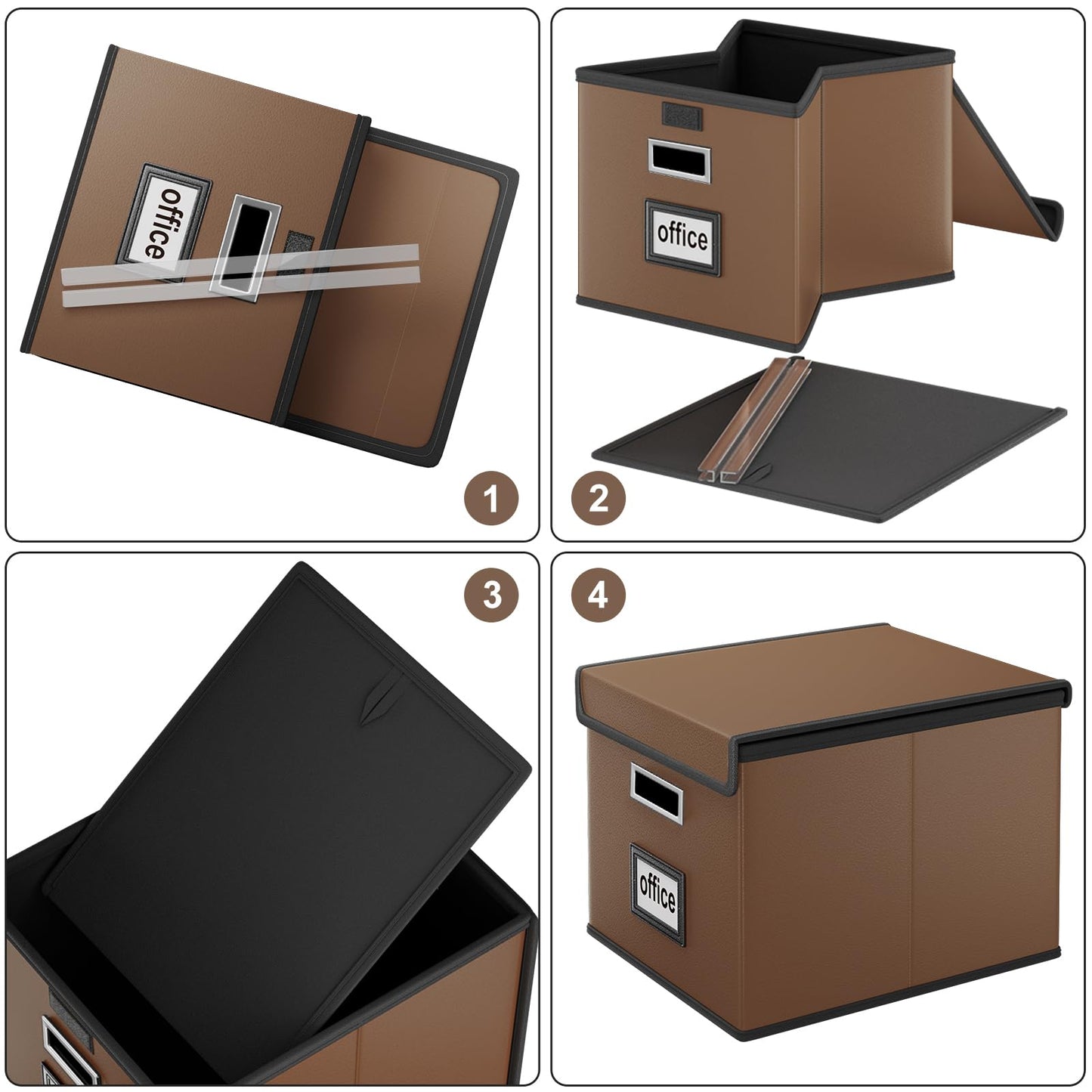 Huolewa Faux Leather File Organizer Box with Lid, Collapsible Hanging File Folder Box Organizer with Plastic Slides, Decorative Home/Office Filing System Boxes for File and Folder Storage-Brown