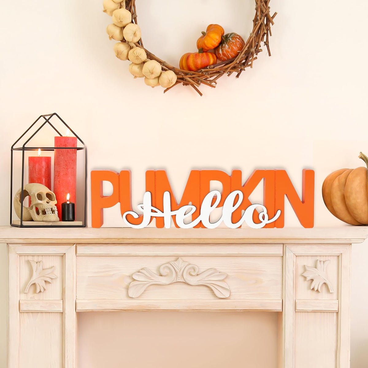 COCHIE Wooden Hello Pumpkin Sign, Fall Decorations for Home, Office, Shelf, Mantel, Indoor, Wood Autumn Decor, Fall Table Top Party Decoration (Hello Pumpkin)