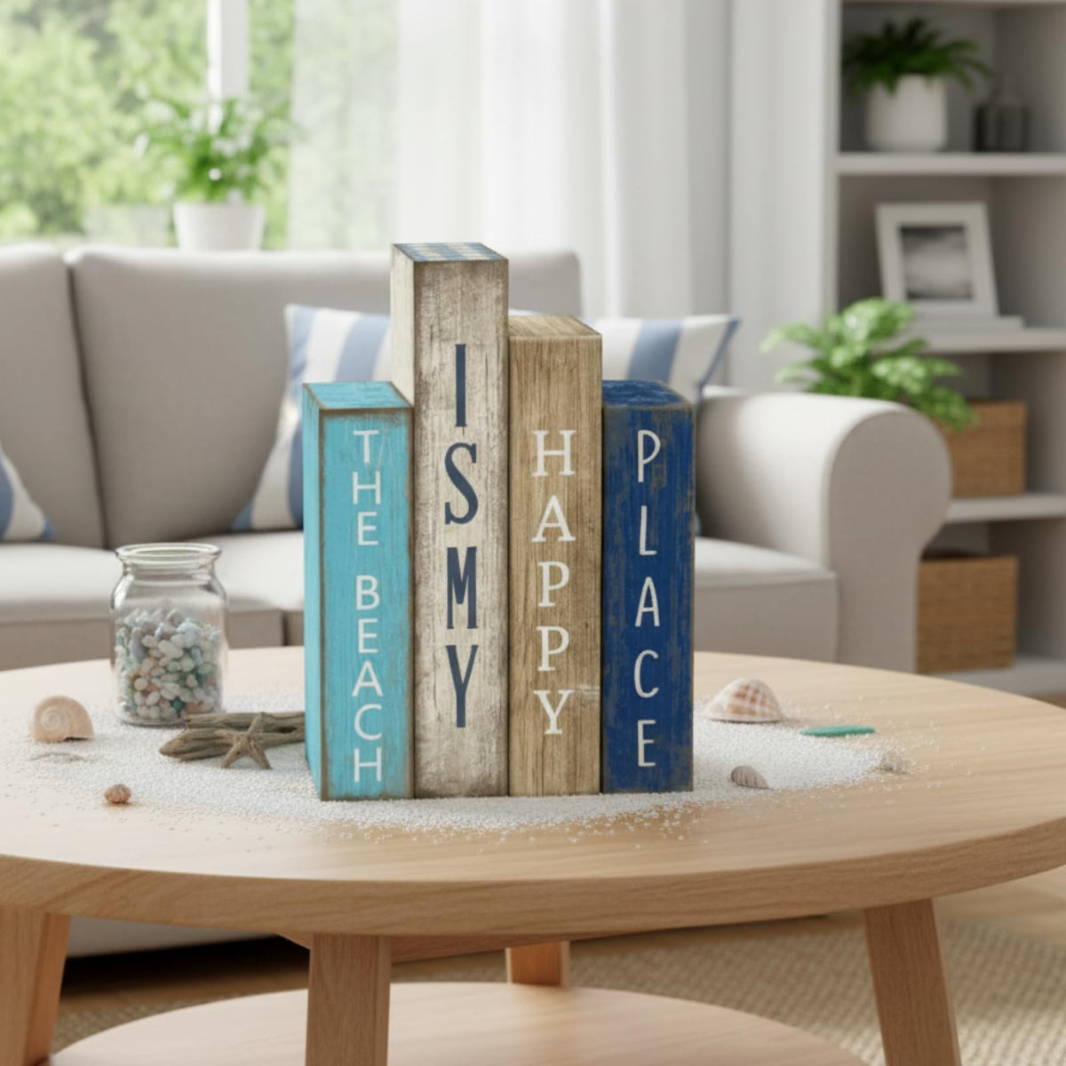 Lineshading 4 Pcs Summer Table Decoration Wooden Book Coastal Beach Decoration Blue and White Summer Tiered Tray Decor Wood Book Signs Farmhouse for Ocean Party Home Shelf Coffee Table
