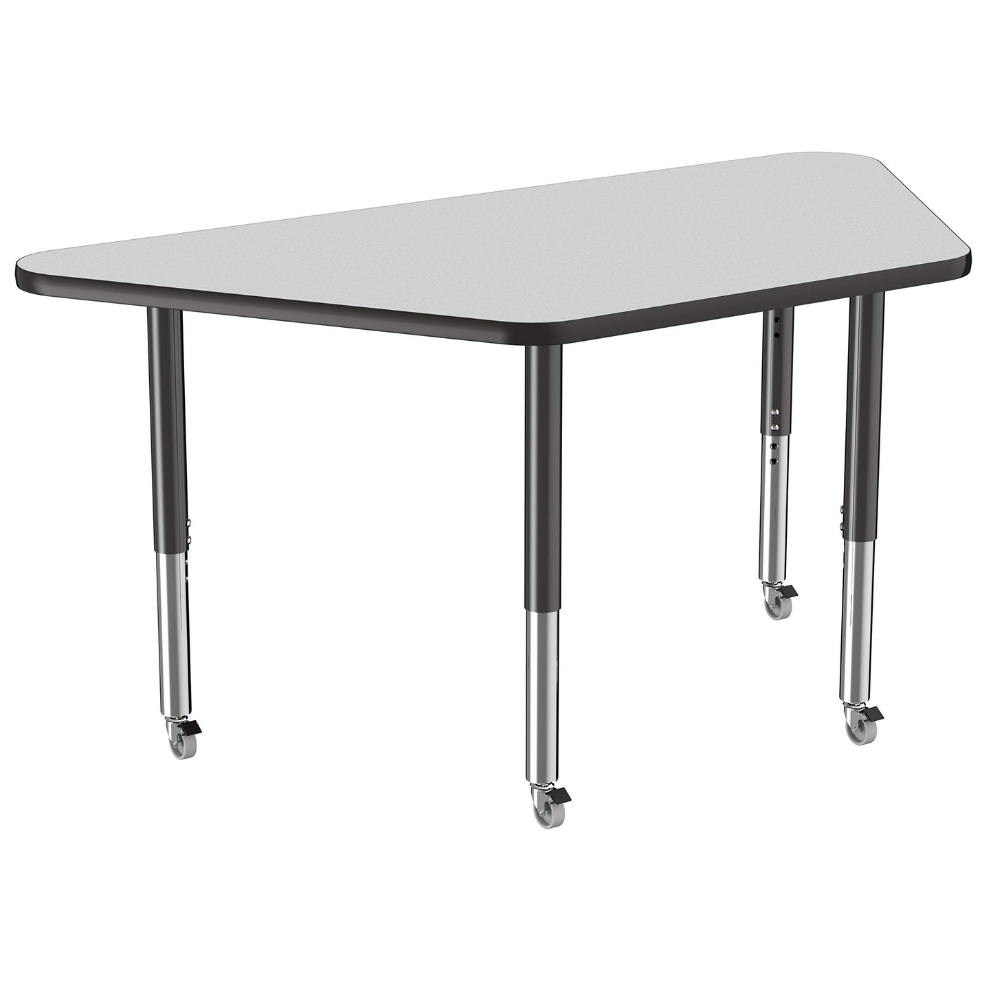 FDP Mobile Trapezoid Activity School and Office Table (30 x 60 inch), Super Legs with Glides and Casters for Collaborative Environments, Adjustable Height 19-30 inches - Gray Top and Black Edge