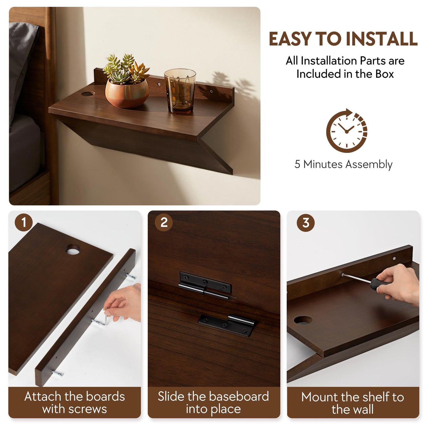 Petrala Floating Nightstands Set of 2, Wall Mounted Night Stand Walnut Wooden Bedside Shelf Mid Century Modern Small Hanging Side Table Narrow Nightstand Shelves Organizer for Bedroom Small Spaces