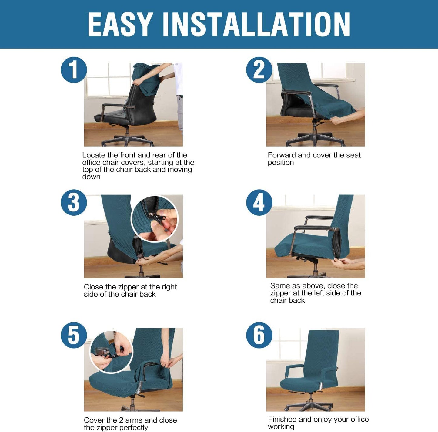 H.VERSAILTEX 3 Pcs Computer Office Chair Cover Universal Rotating Chair Slipcovers Protector Removable Washable Office Armrest Covers with Zipper for High Back Seat Backrest Pads(Large,Deep Teal)