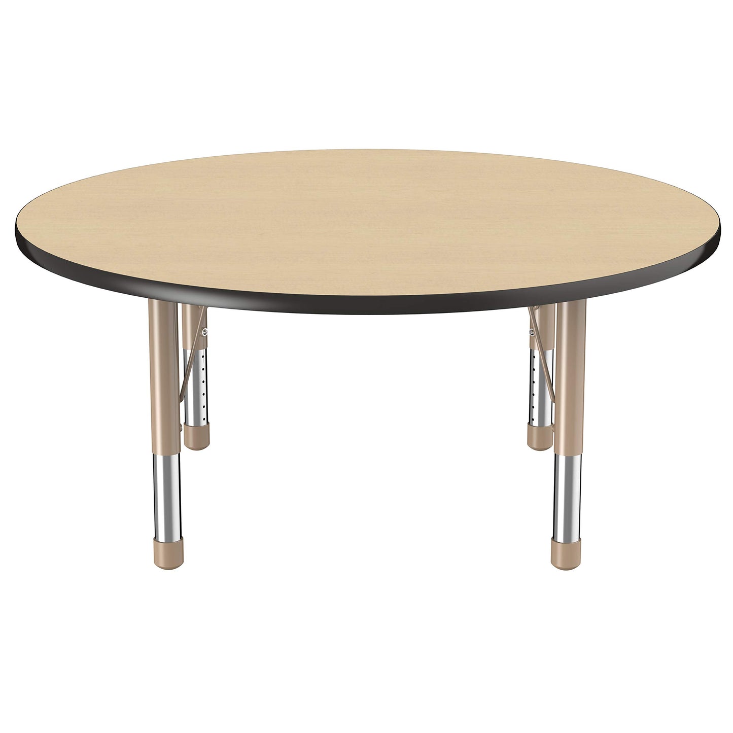 FDP Round Activity School and Classroom Kids Table (48 inch), Chunky Toddler Legs, Adjustable Height 15-24 inches - Maple Top and Black Edge with Sand Legs