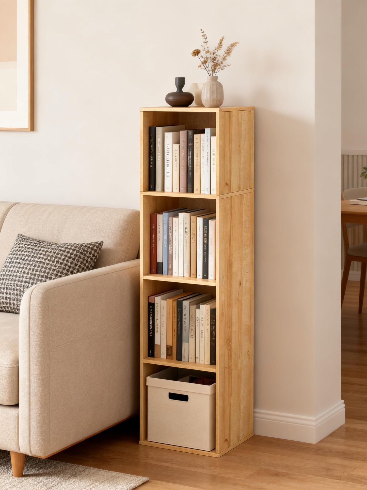 NewBeth 4 Cube Storage Organizer, 4 Tier Cube Low Bookcase Freestanding Storage Display Organizer, Four-Cubes Open Shelf Bookshelf for Home Office (Oak, 4-Cube)